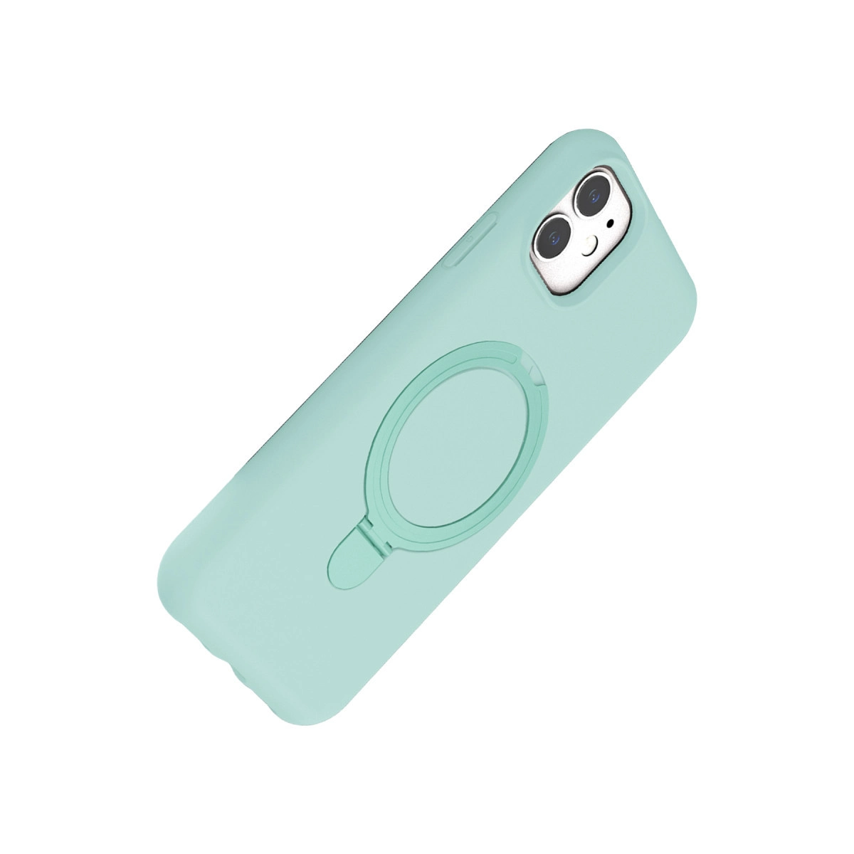 Beyaz arka plan üzerinde halka tutuculu açık yeşil telefon kılıfı.