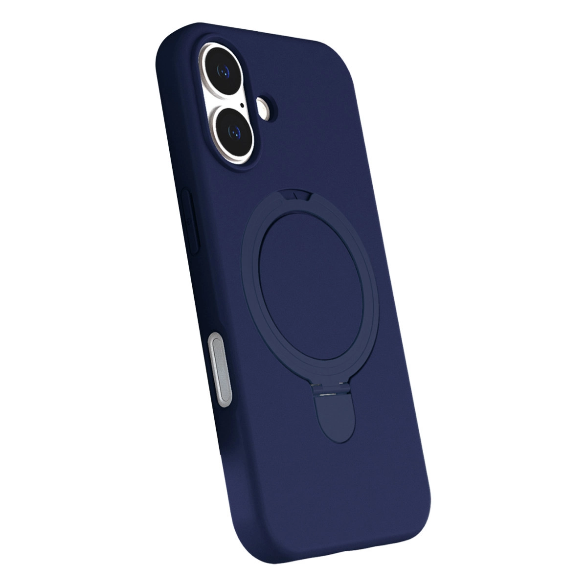 Halka tutuculu ve çift kamera kesimli lacivert telefon kılıfı.