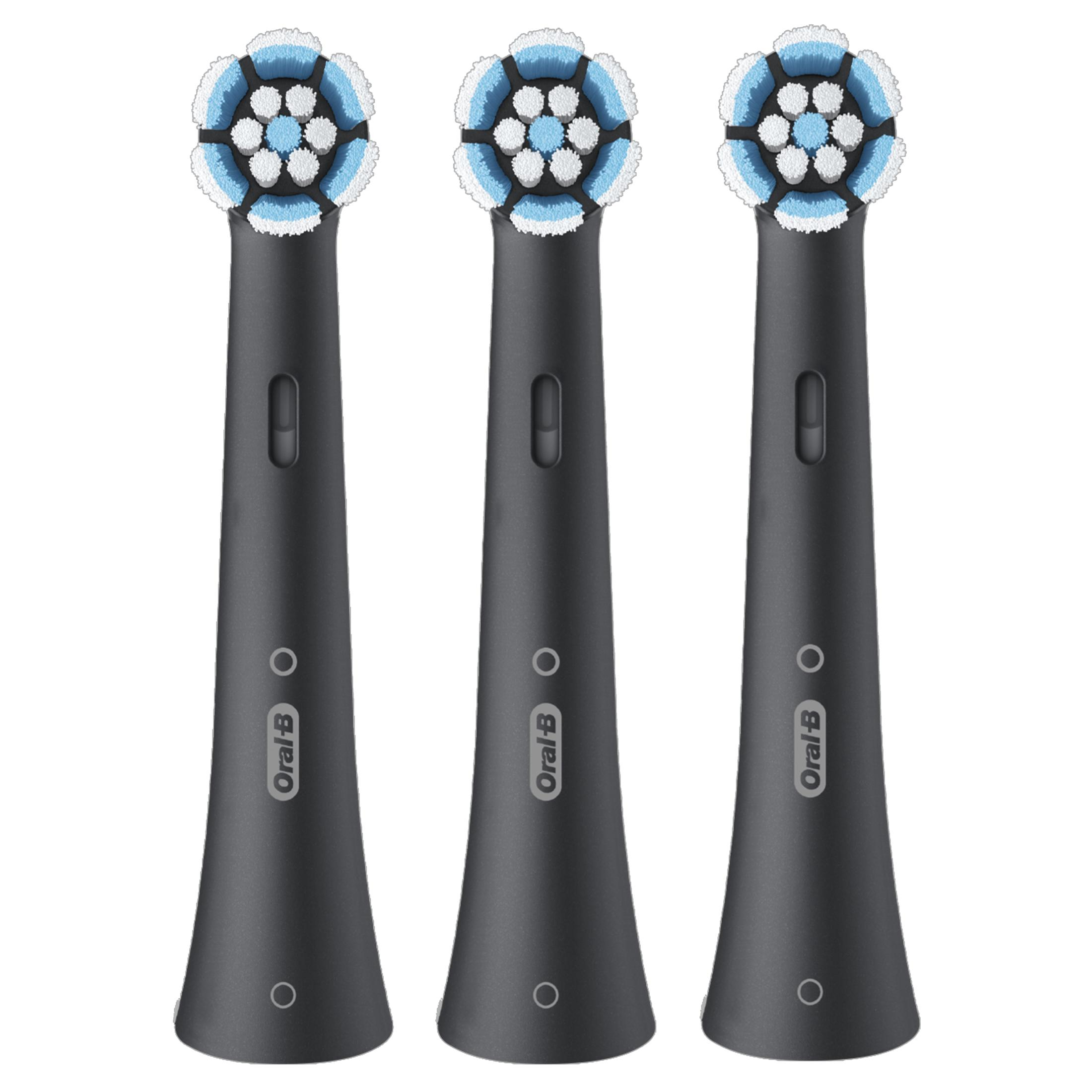 Three black electric toothbrush heads with blue and white bristles.