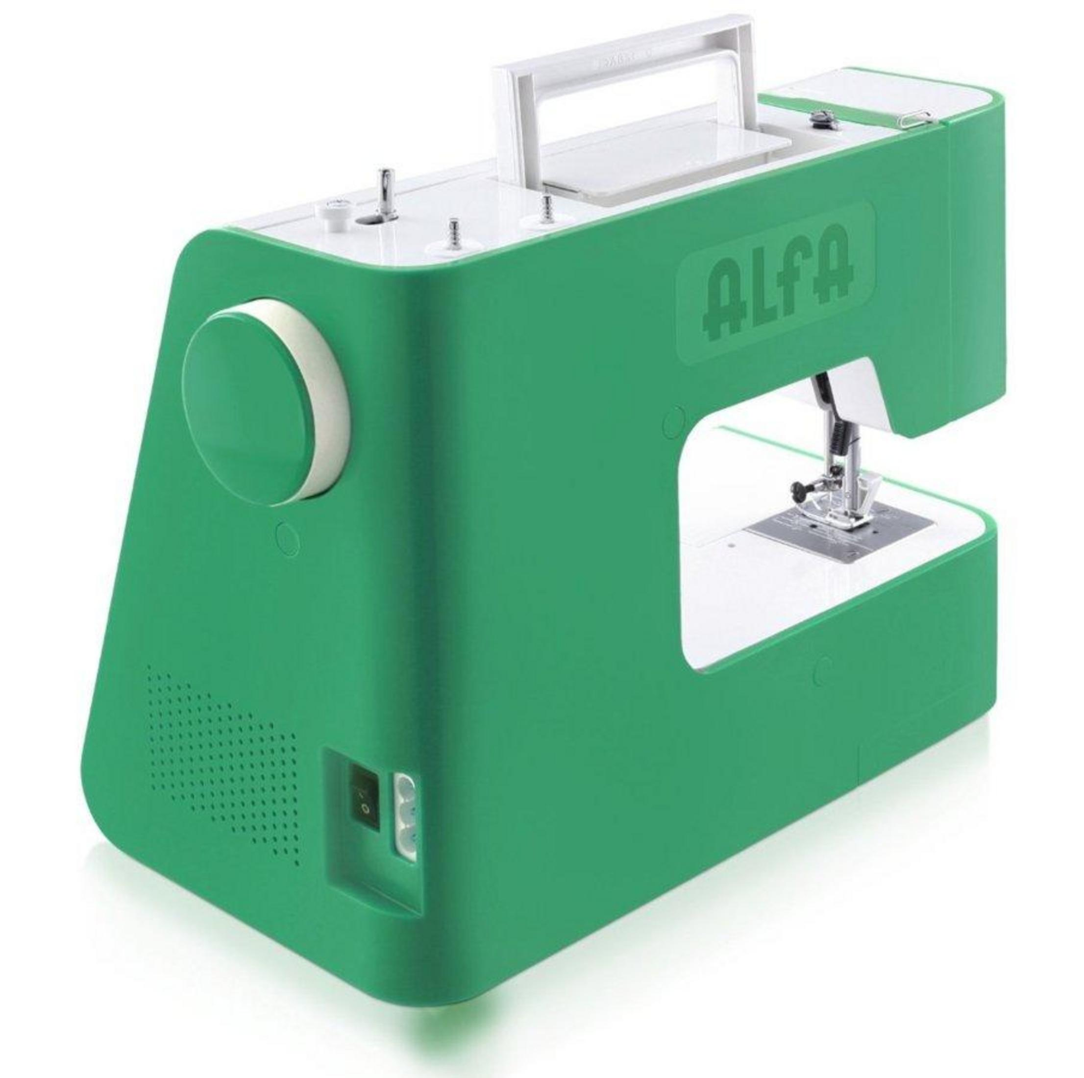 Máquina de coser verde con asa blanca y logo 'ALFA'.