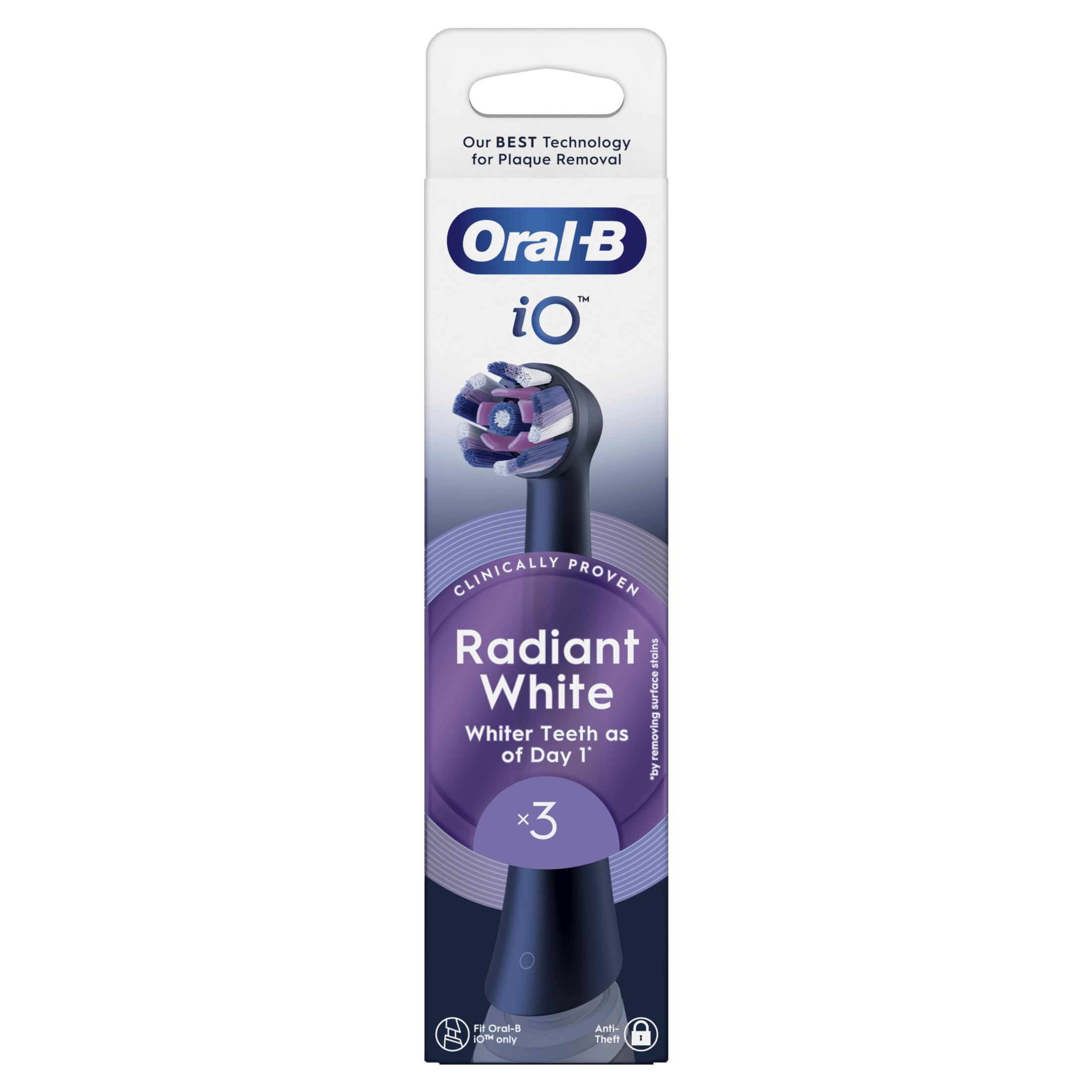 Oral-B iO Radiant White toothbrush head, purple and white bristles, pack of 3.