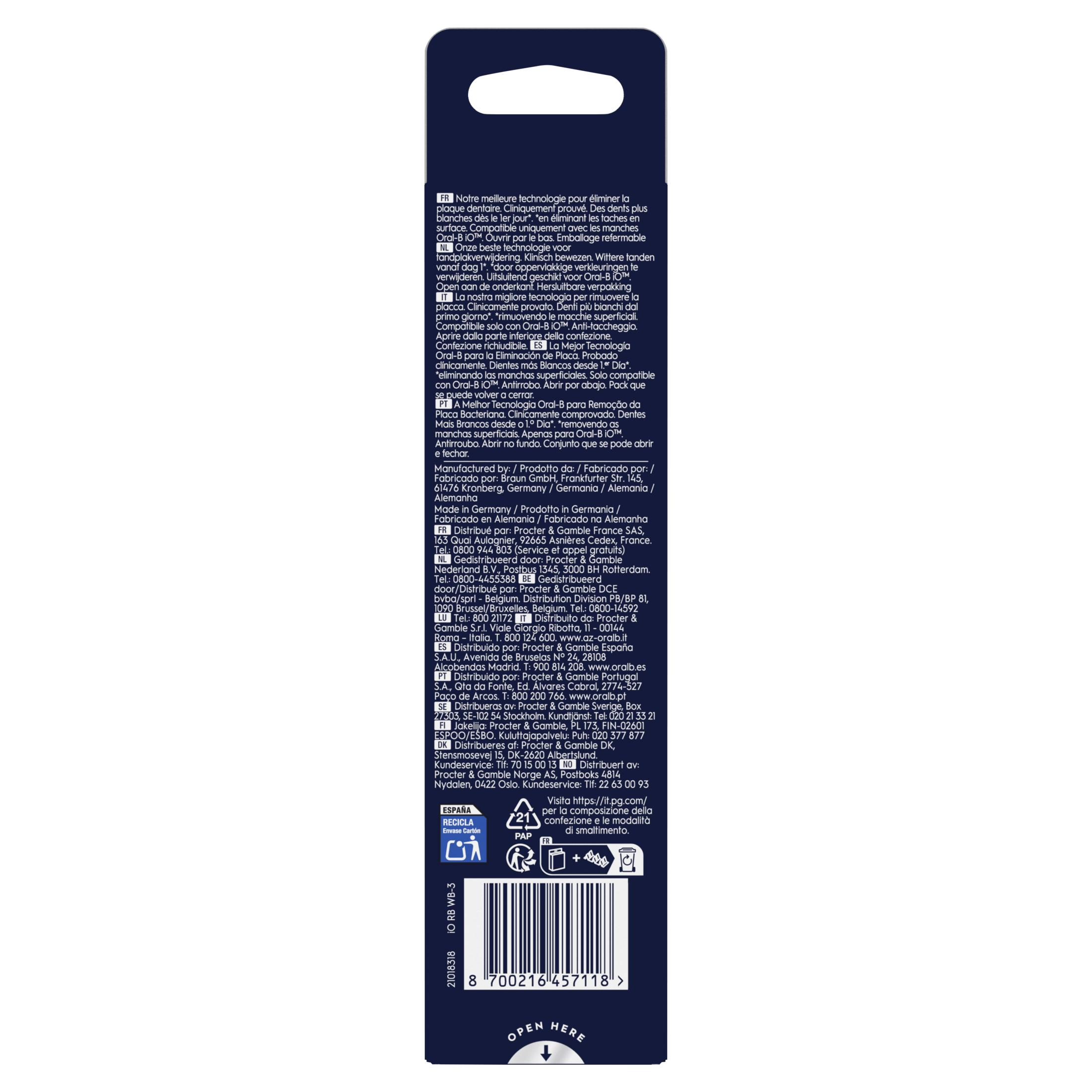 Packaging with multilingual product information and recycling symbols.