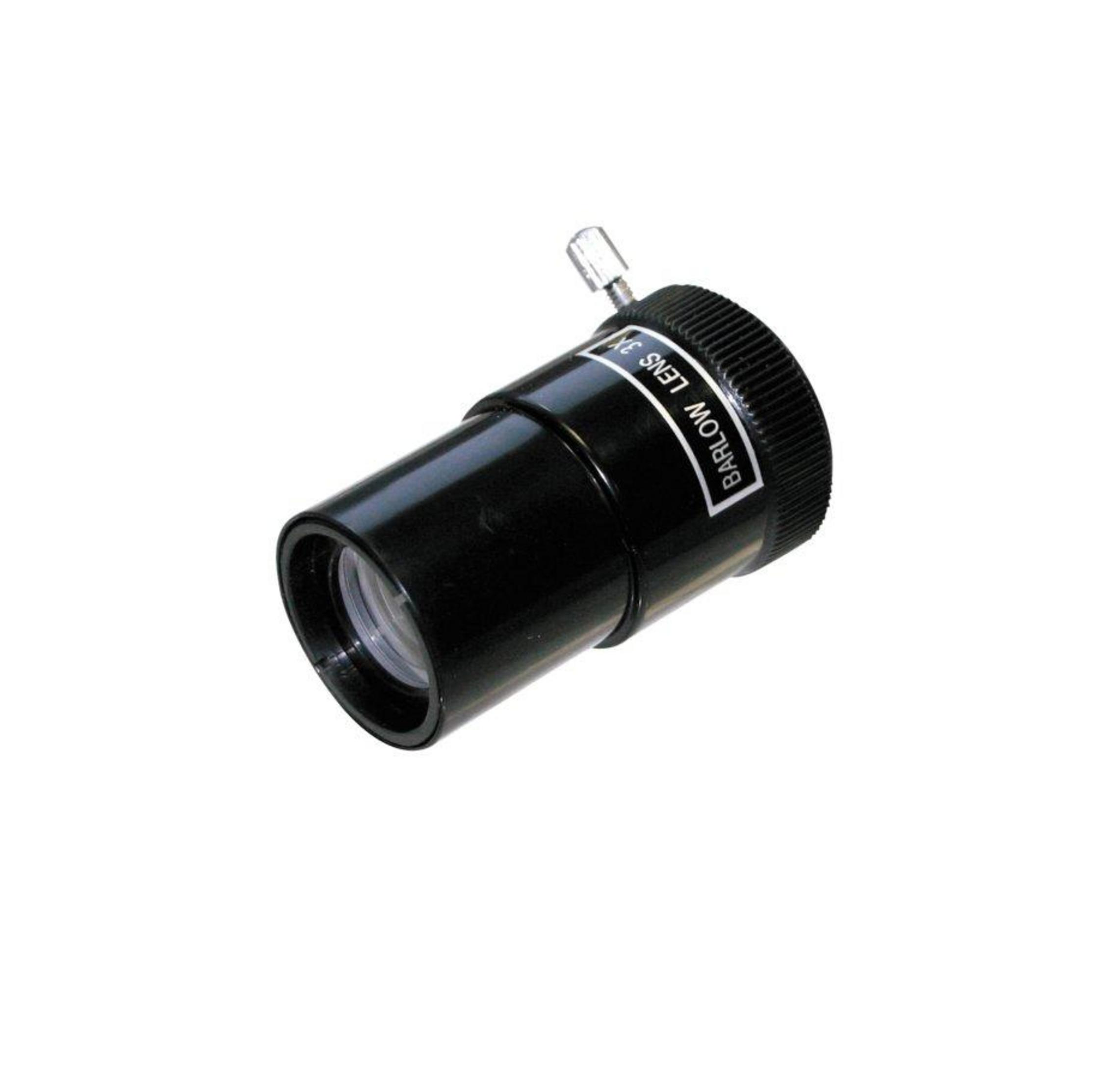 Adaptador de lente Barlow negro con pomo plateado, primer plano.
