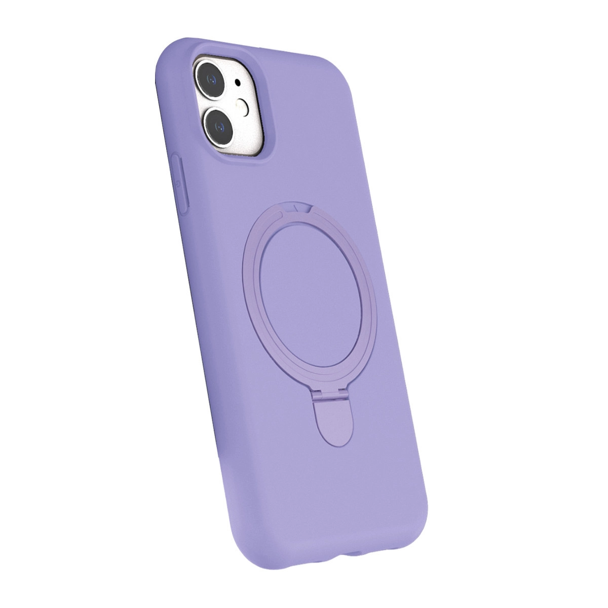 Arkada halka tutuculu ve kamera oyuklu lavanta rengi telefon kılıfı.