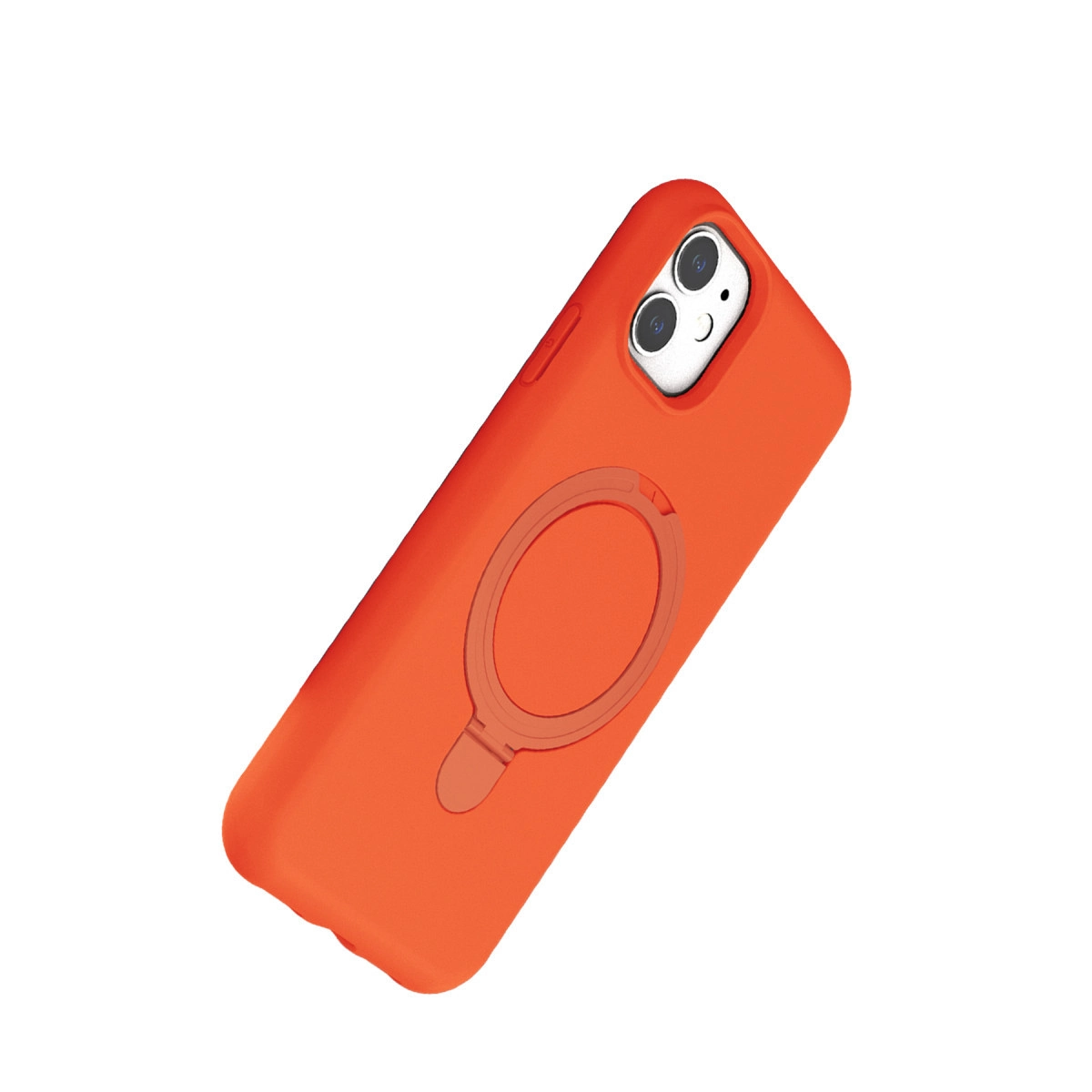 Manyetik halka tutuculu ve kamera oyuntulu turuncu telefon kılıfı.