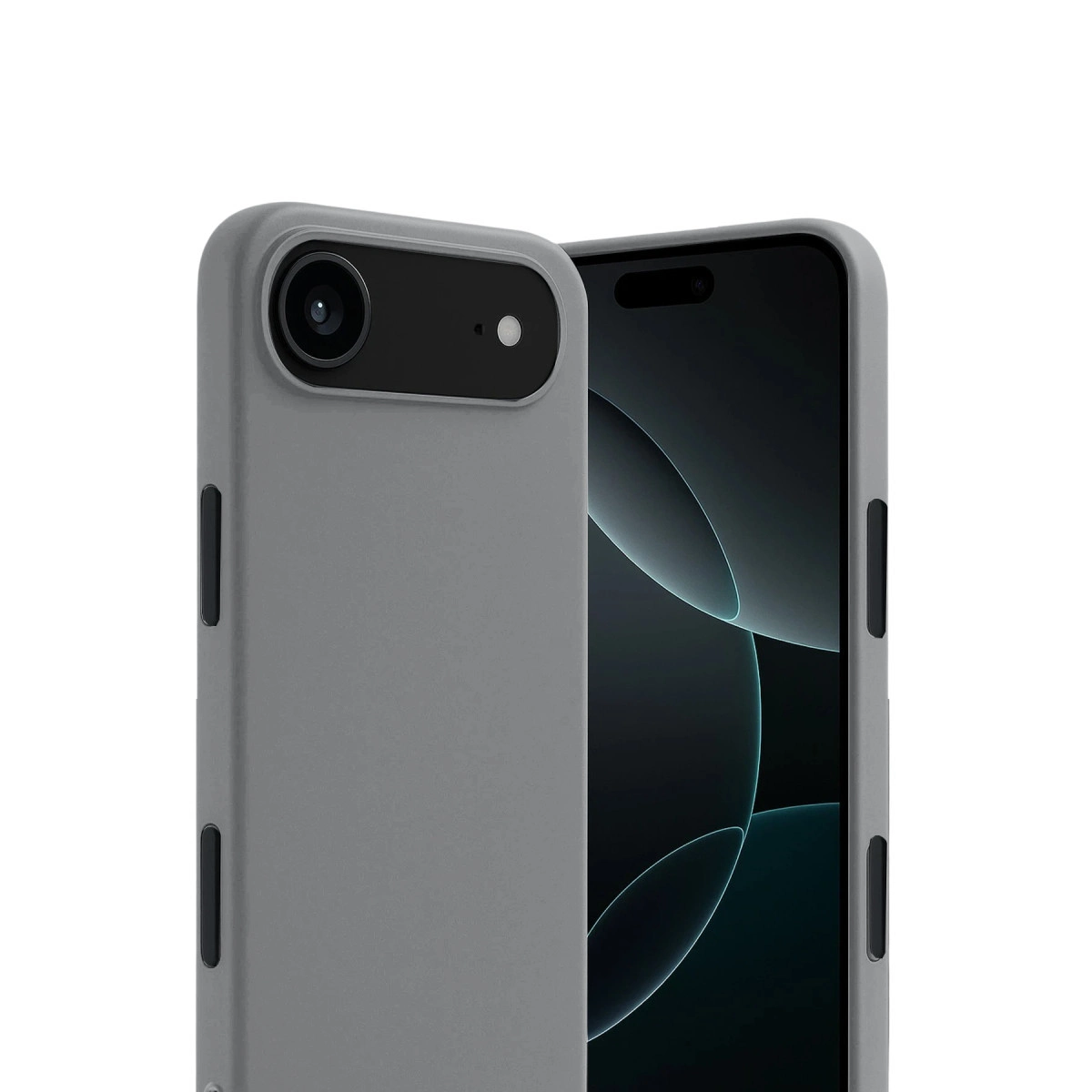 Kamera adacıklı gri telefon kılıfı, yanında koyu ekranlı bir telefon.