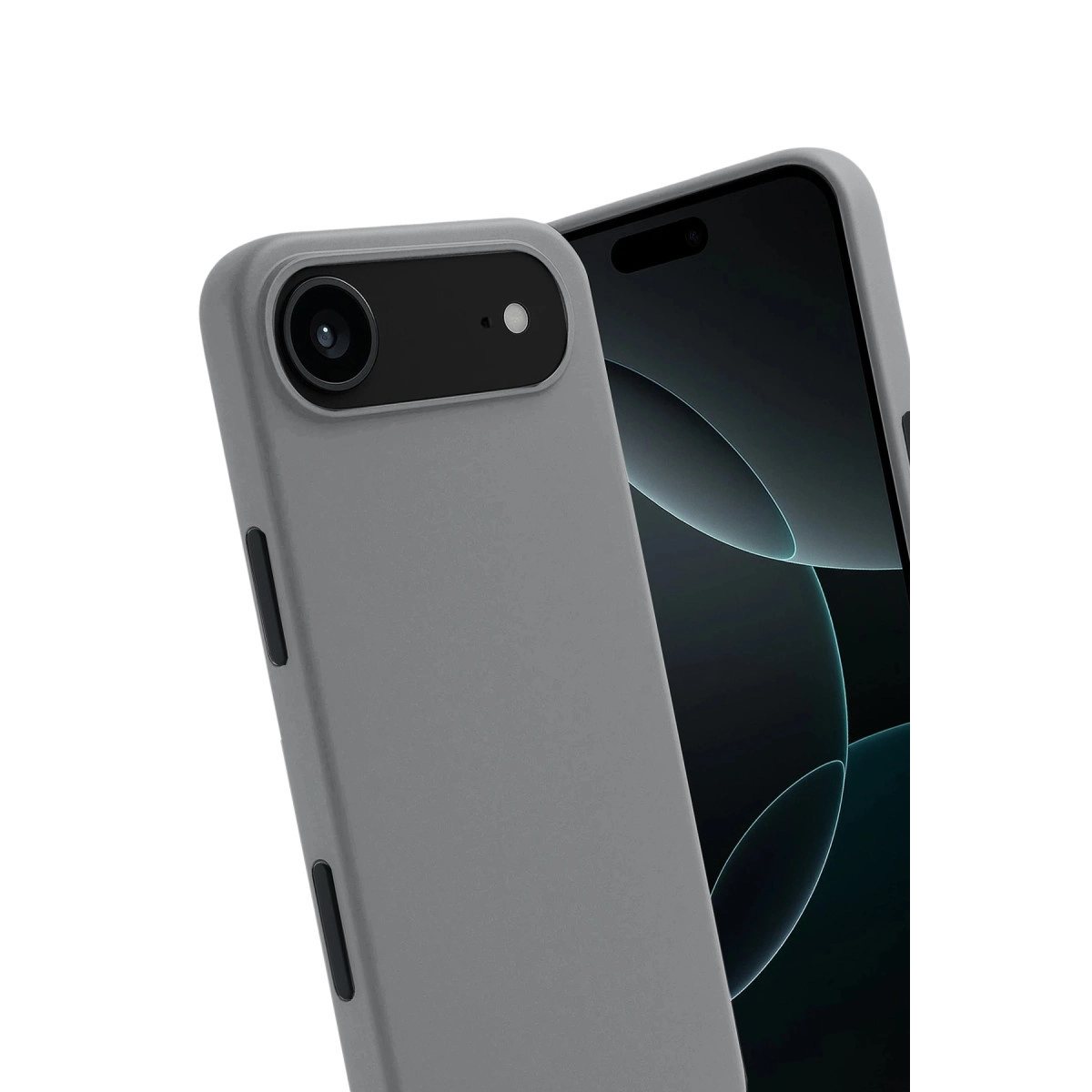 Kamera kesimli gri telefon kılıfı, koyu arka planlı bir akıllı telefonun yanında.