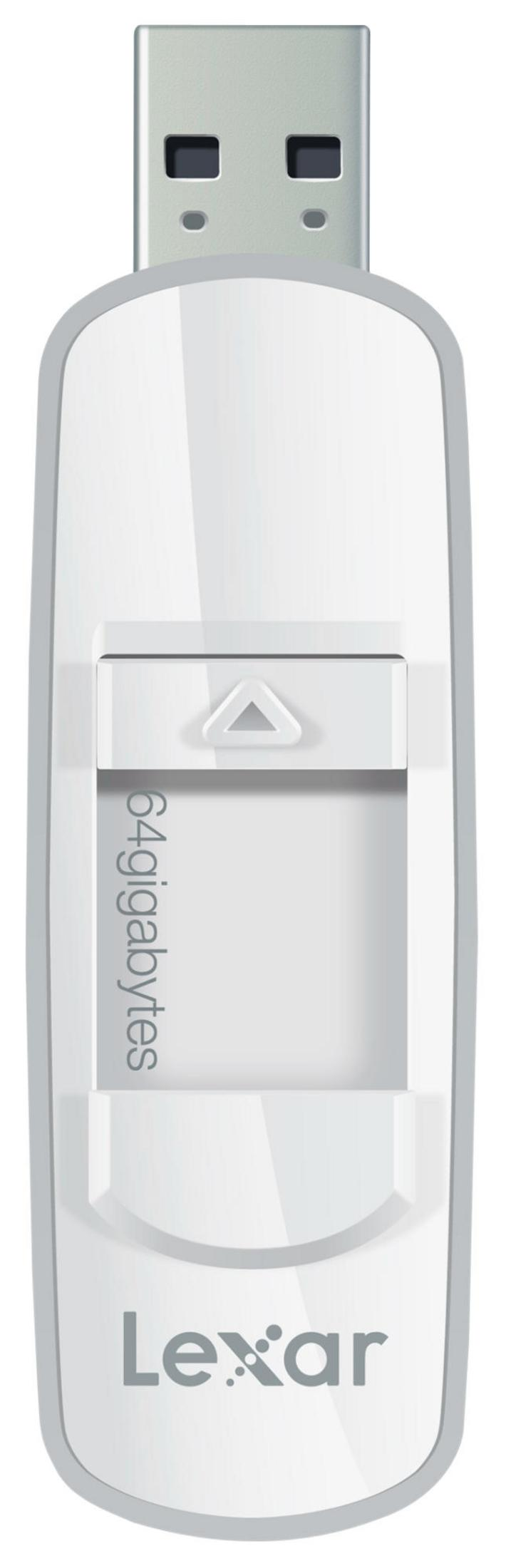 Un'unità flash USB Lexar bianca da 64 GB con connettore e cursore argentati.