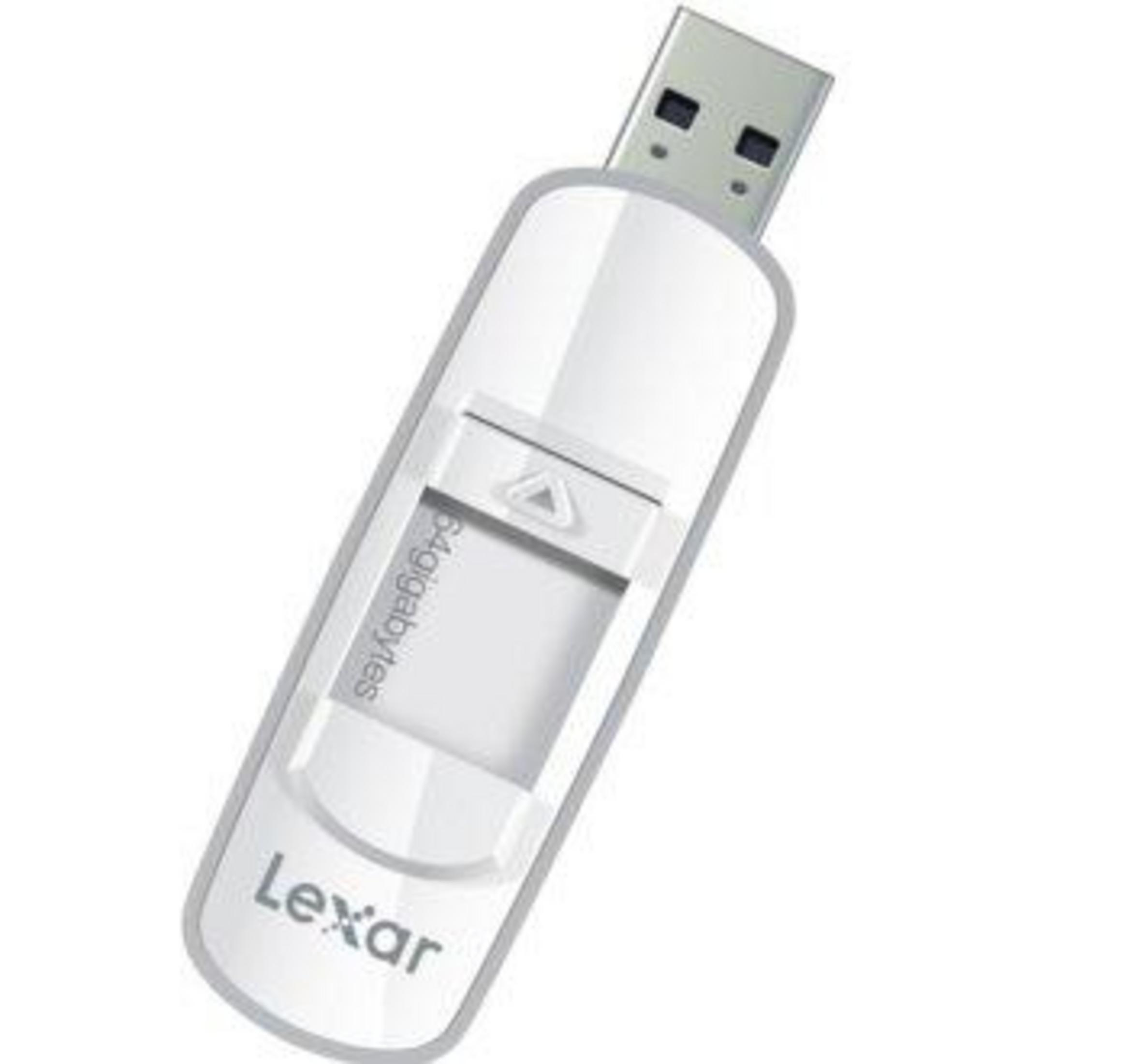 Un'unità flash USB Lexar bianca da 64 GB.