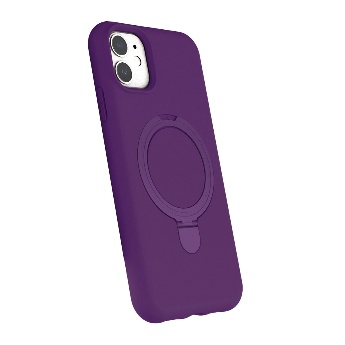 Mor iPhone kılıfı, halka tutuculu ve çift kamera kesimli.
