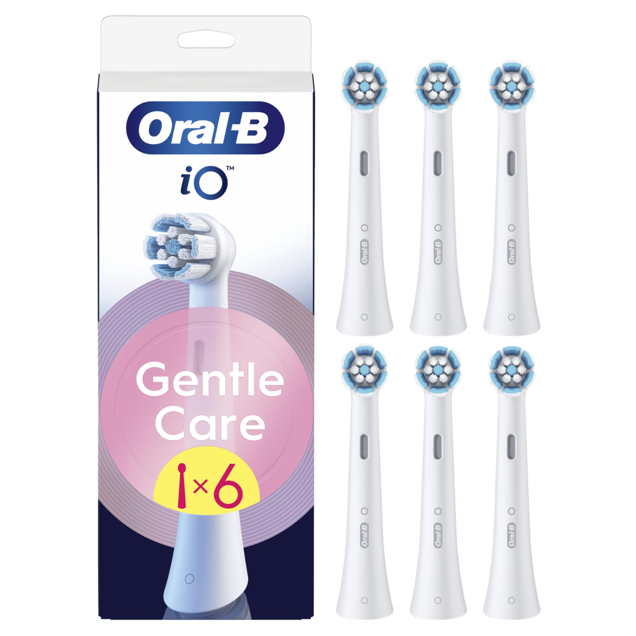 Packung mit 6 Oral-B iO Gentle Care Aufsteckbürsten, weiß mit blauen Borsten.