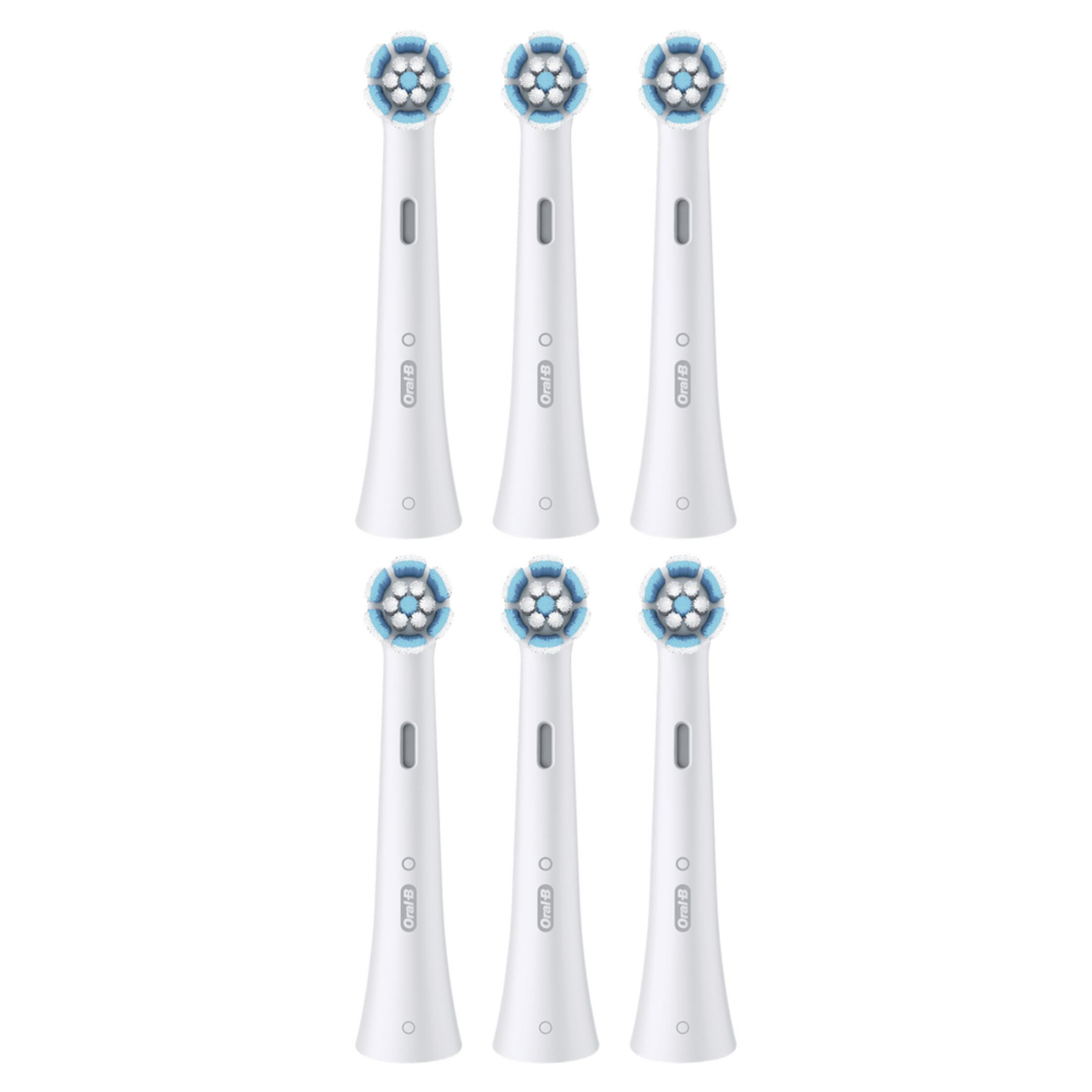 Sechs weiße Oral-B Aufsteckbürsten mit blauen und weißen Borsten, nebeneinander angeordnet.