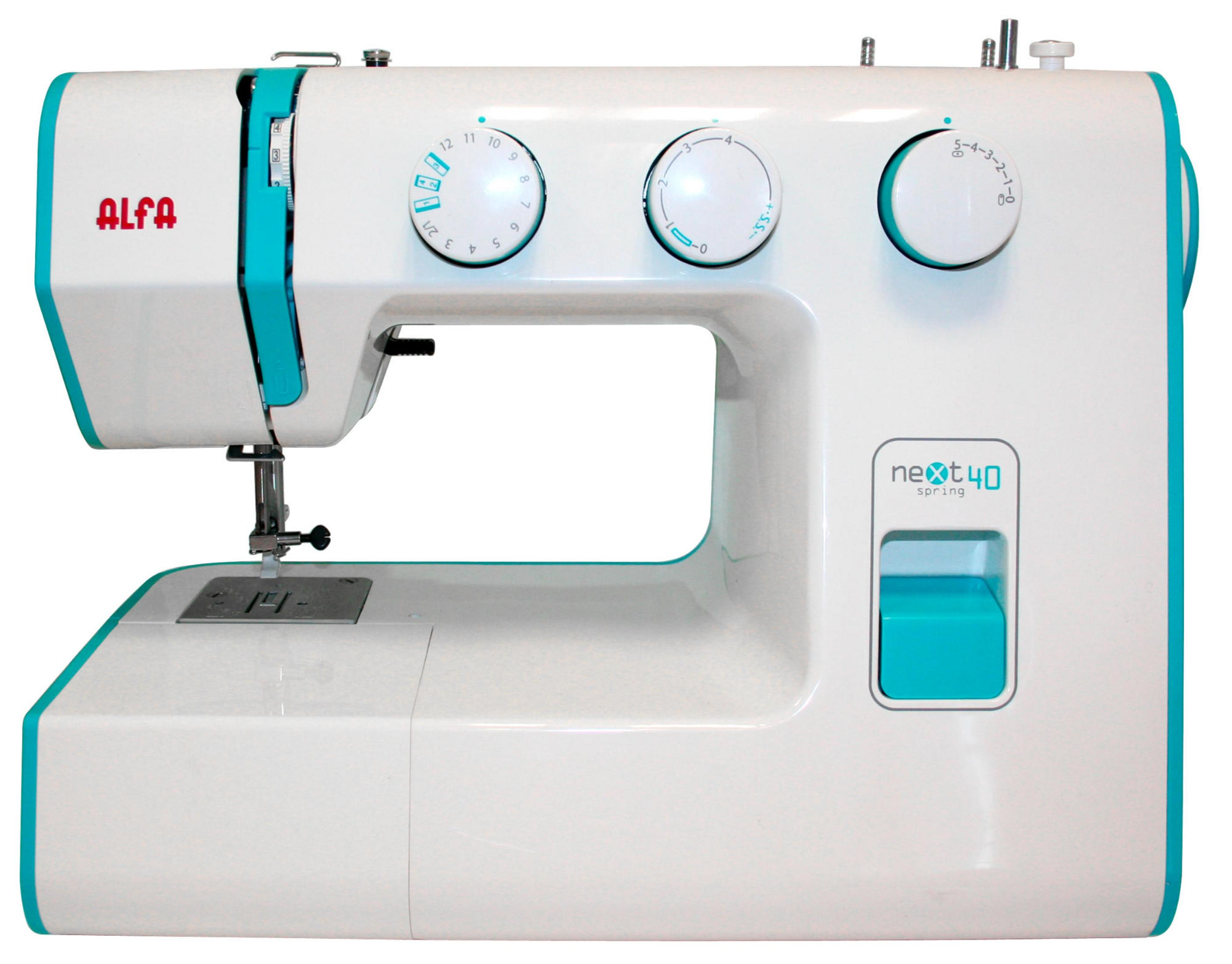 Una máquina de coser blanca con detalles turquesa y diales de control.