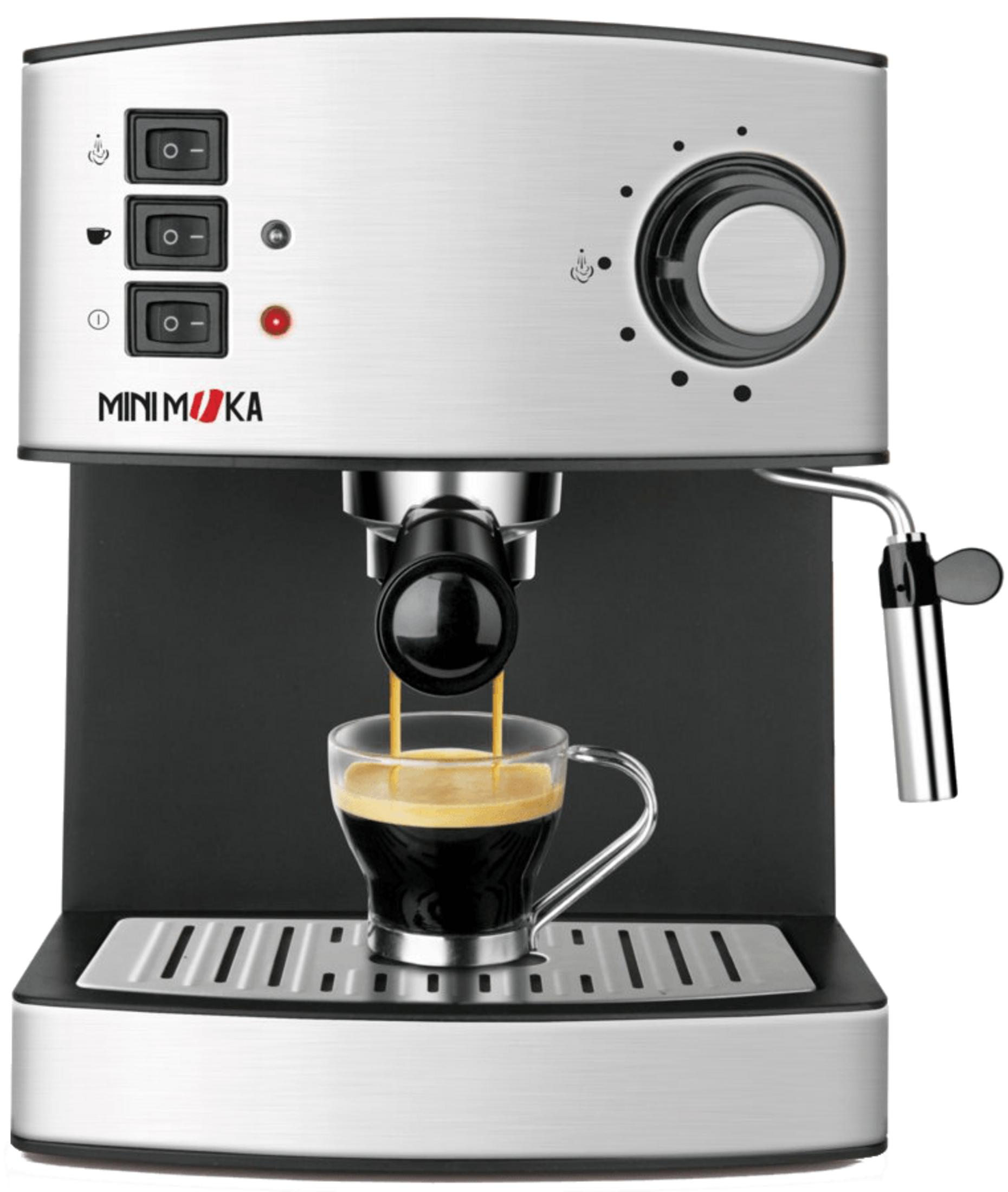 Eine silberne Espressomaschine mit einem Glas Kaffee, das zubereitet wird.