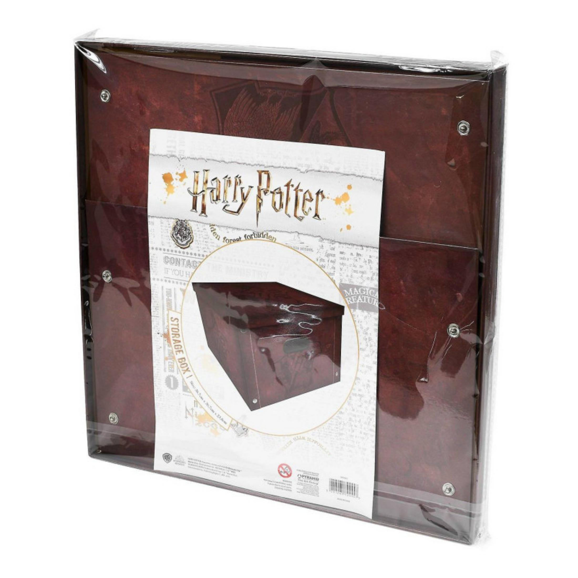 Caja de almacenamiento marrón de Harry Potter con tapa, envuelta en plástico.