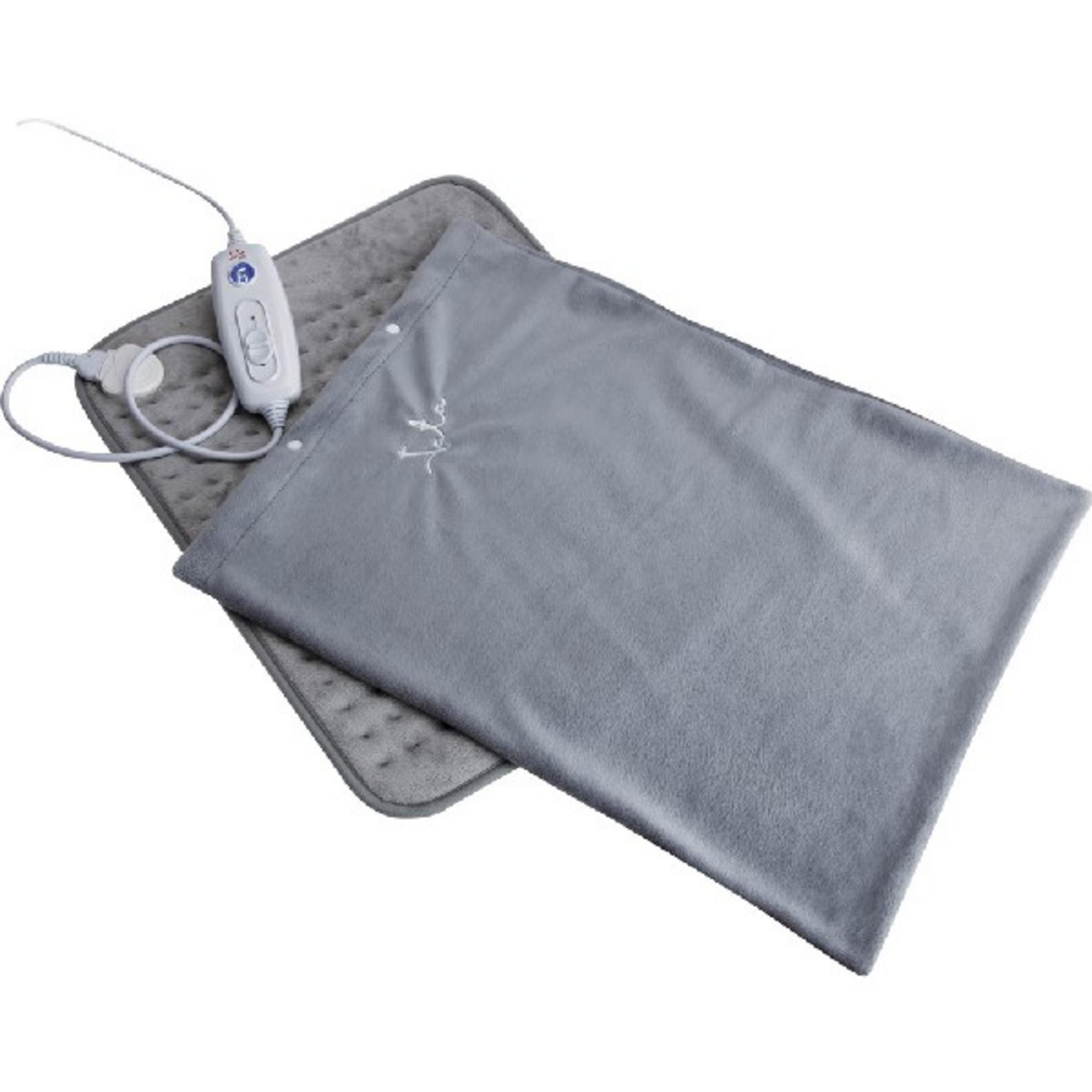 Almohadilla térmica gris con mando blanco y cable.