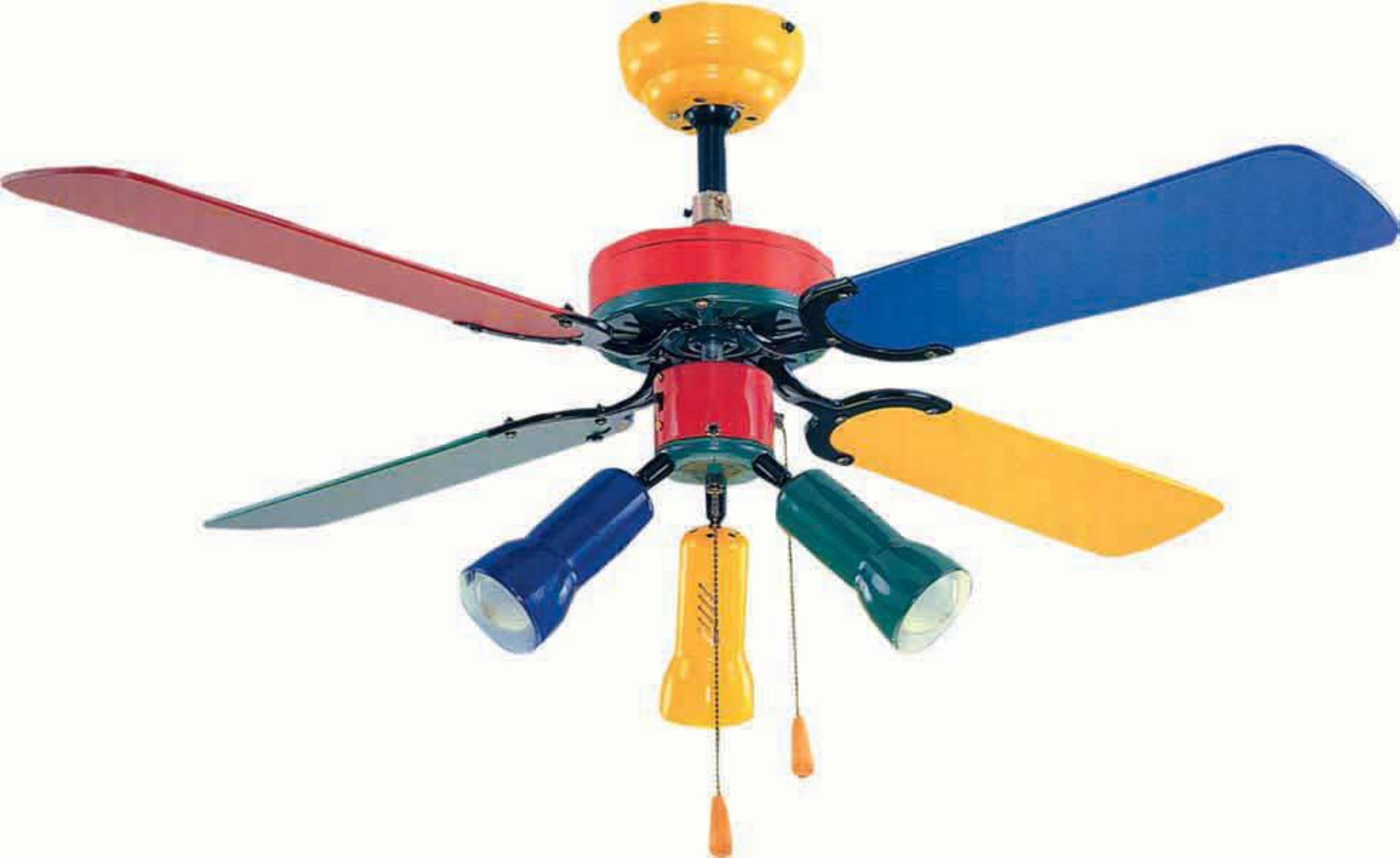 Ventilador de techo colorido con aspas y luces rojas, azules y amarillas.