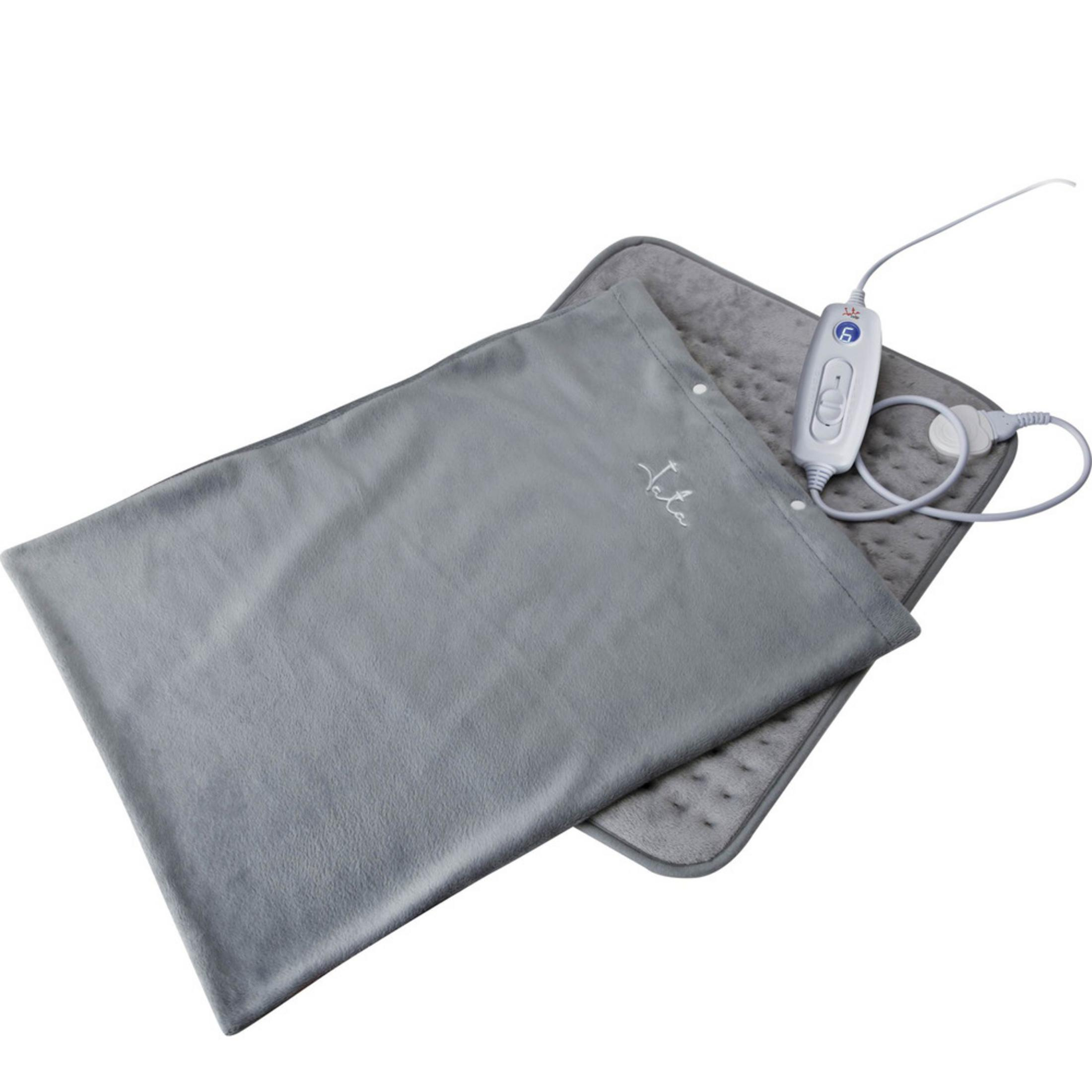 Manta eléctrica gris con control blanco y cable, sobre fondo blanco.