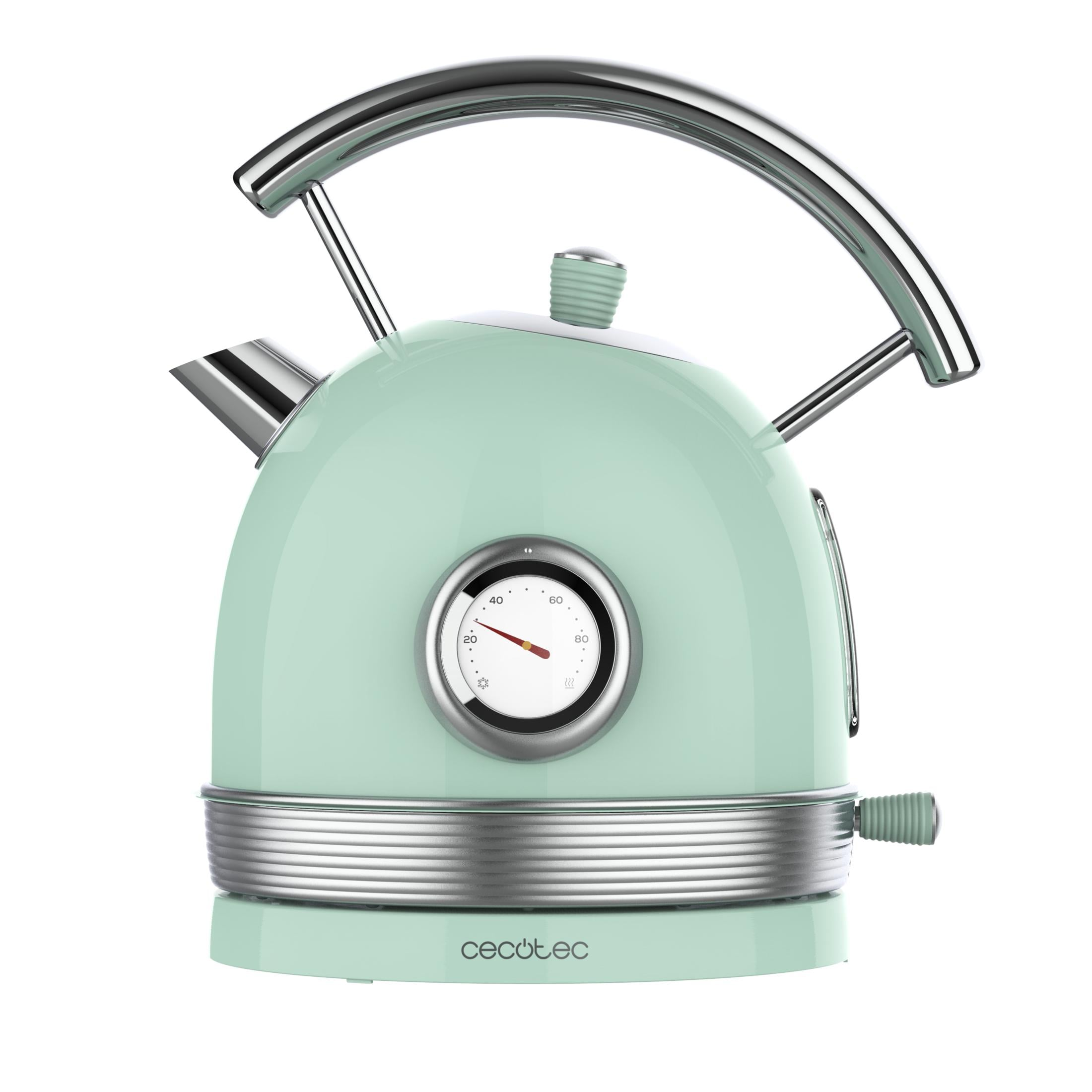 Un bollitore retrò verde menta con accenti cromati e termometro.