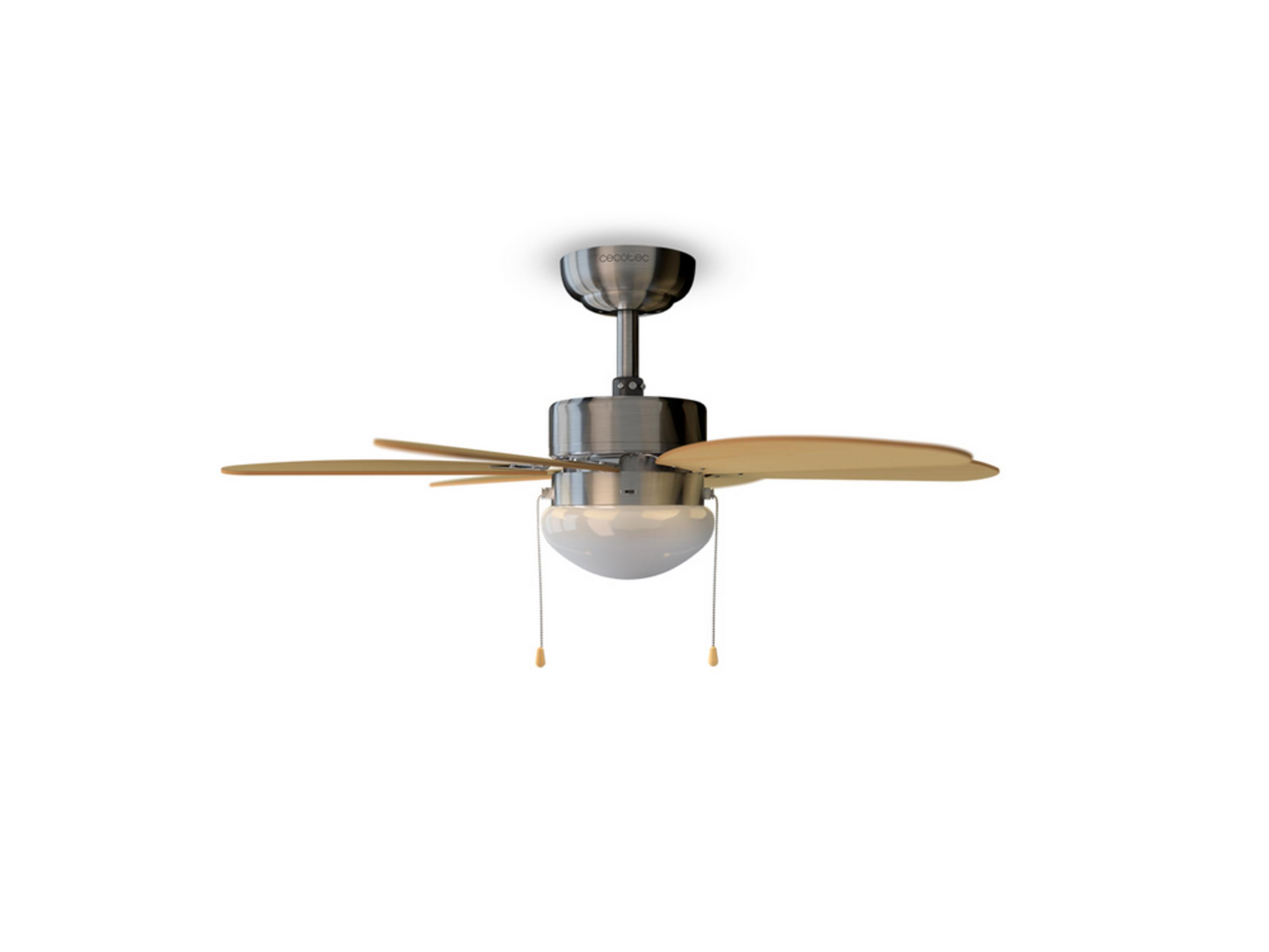 A metal ceiling fan with three wooden blades and a light fixture.