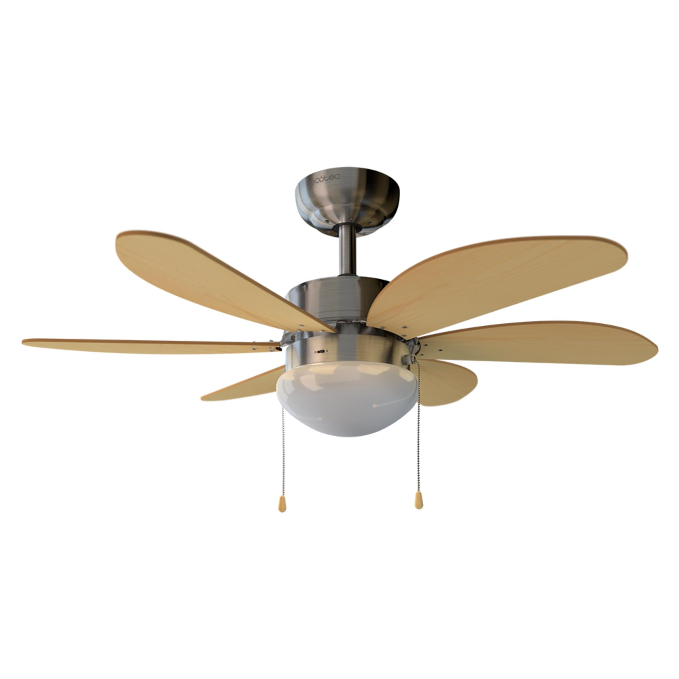 A ceiling fan with five wooden blades and a light fixture.