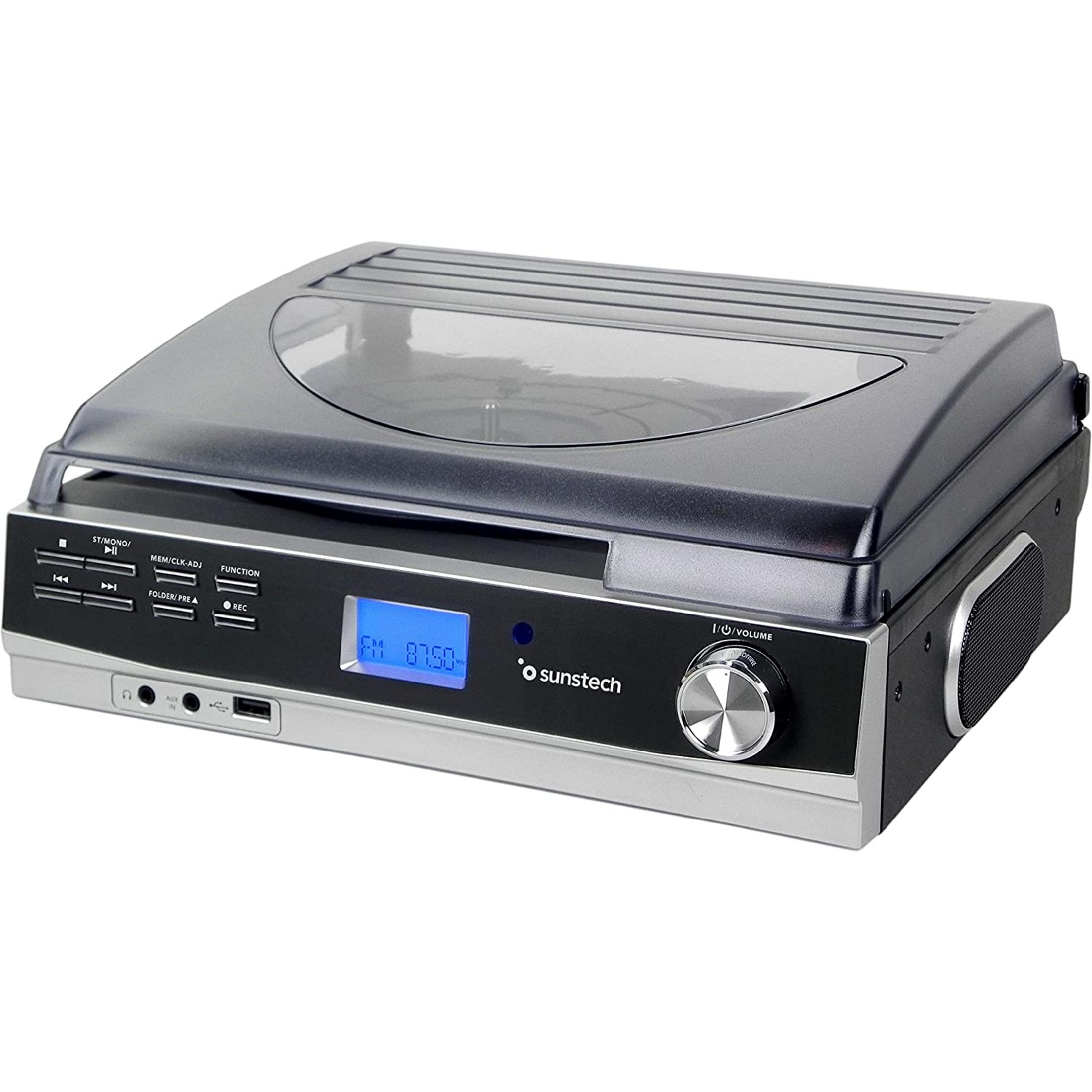 Un tocadiscos negro con detalles plateados y pantalla LCD azul.