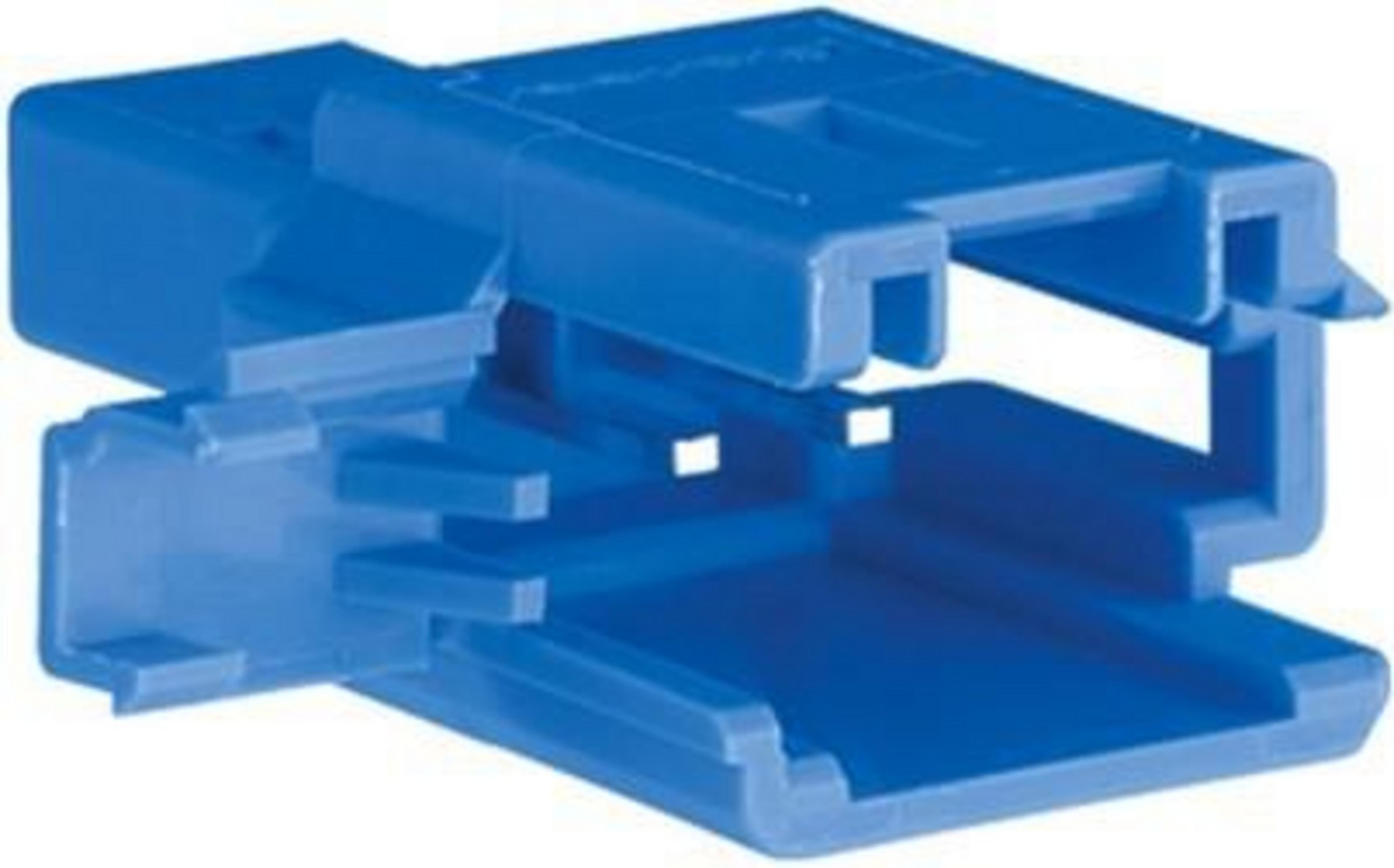 Ein blauer Kunststoffverbinder mit komplexen Schlitzen und Rillen.