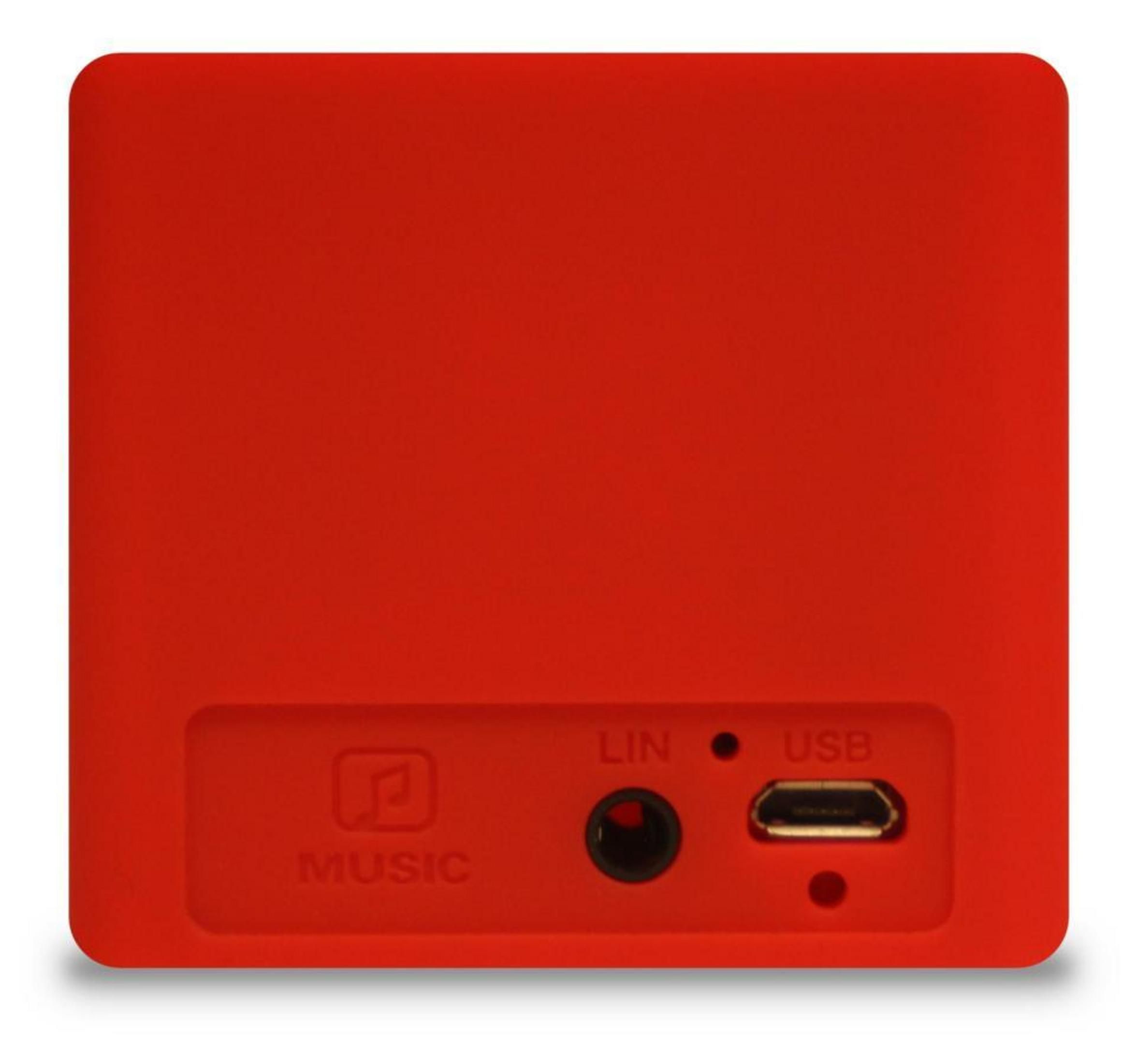 Czerwone urządzenie z portami Music, Line-In i USB.