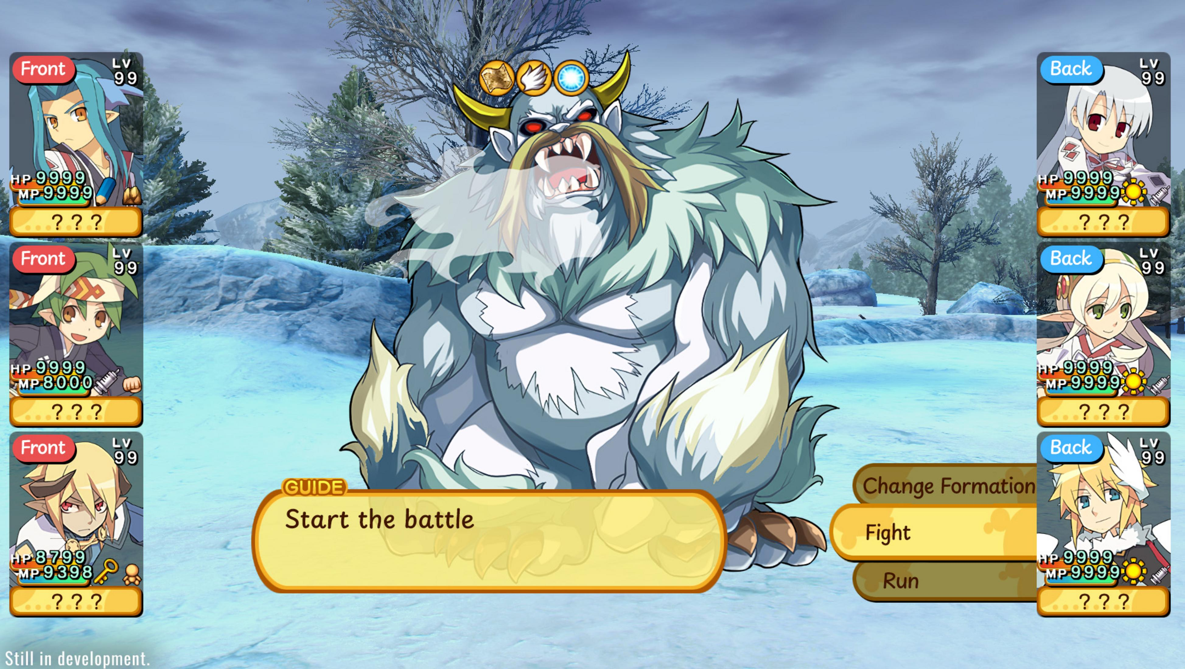 Escena de batalla con personajes de anime, yeti en el centro, nieve y árboles.