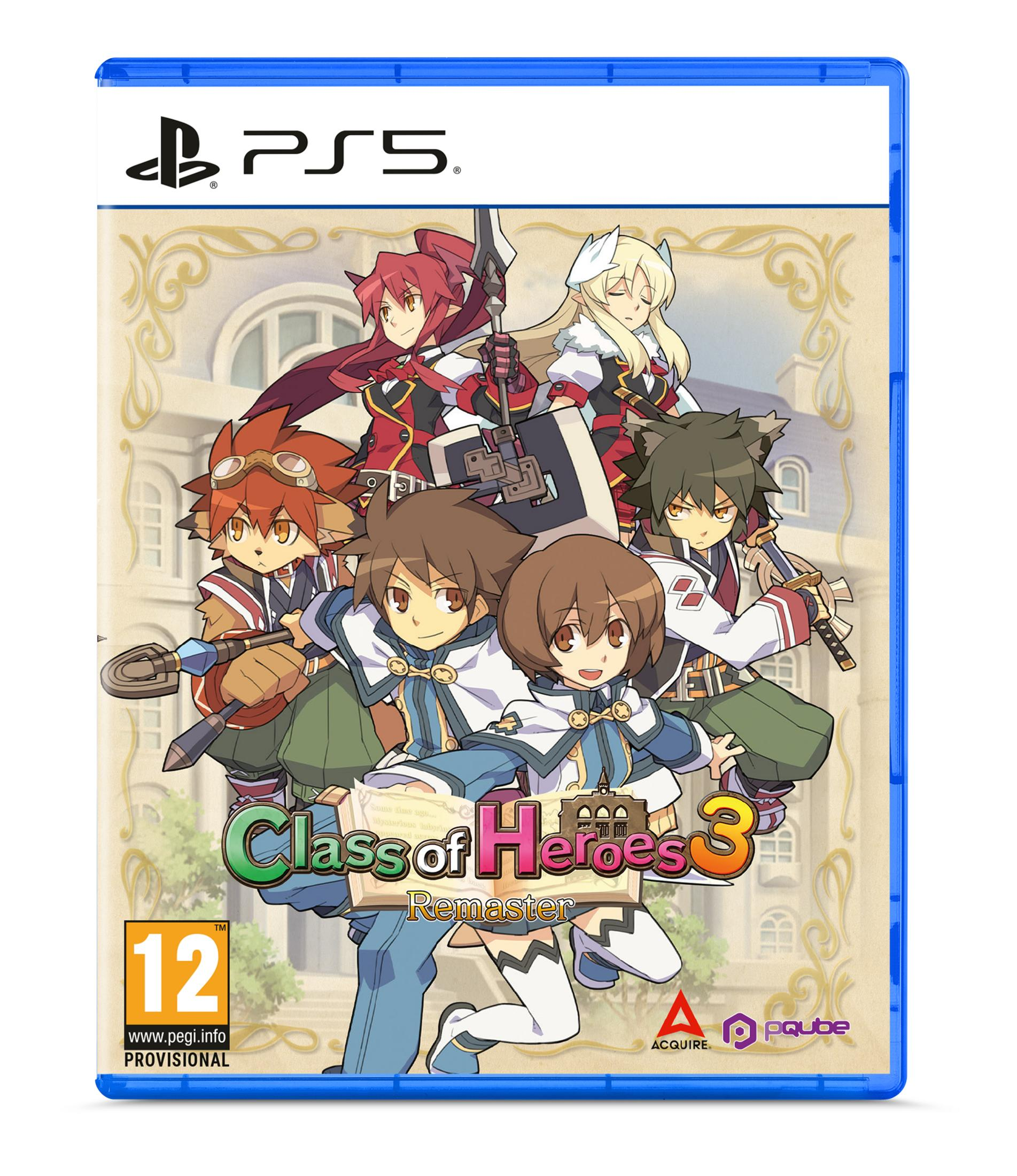 Portada del juego PS5: Class of Heroes 3 Remaster con personajes de anime y PEGI 12.