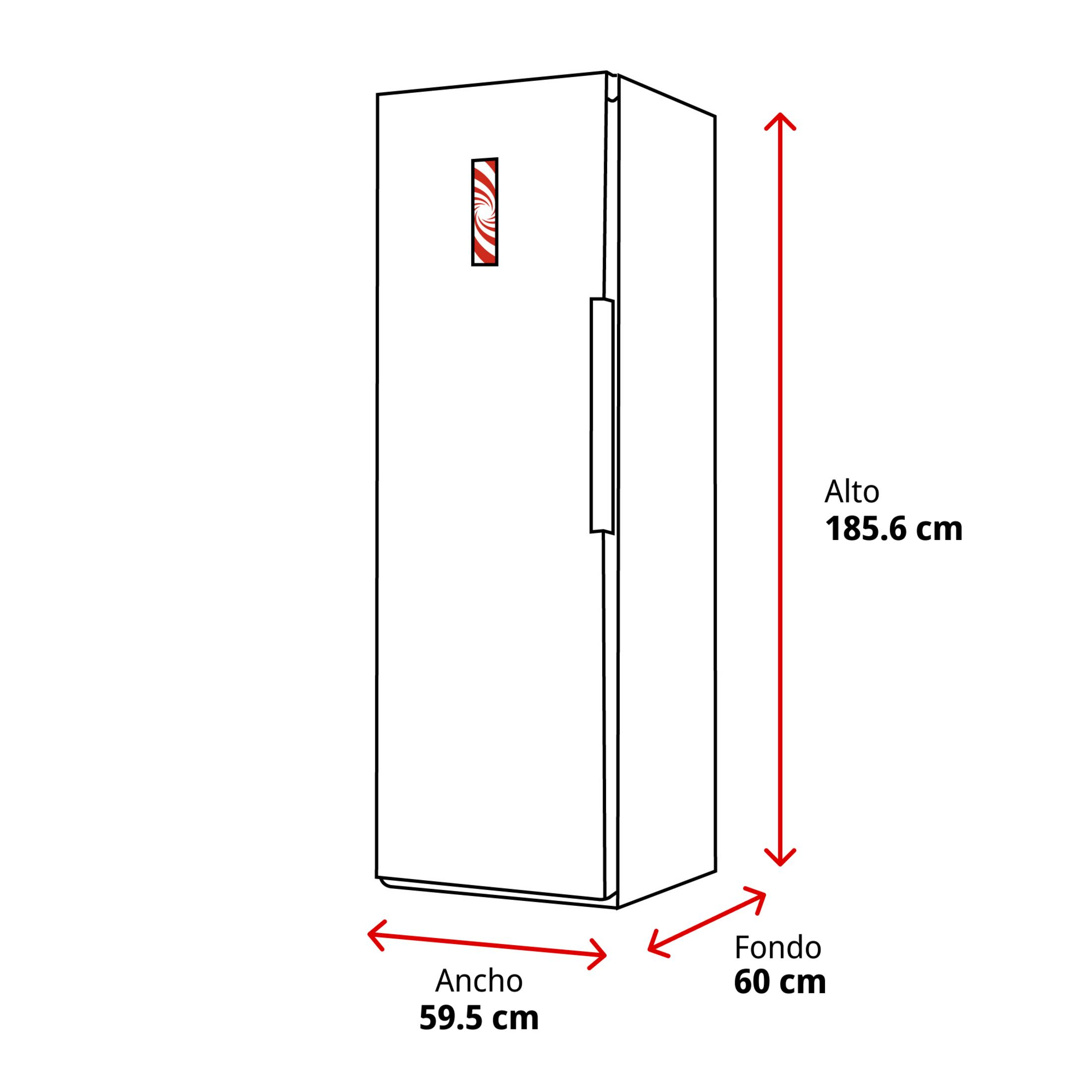 Un refrigerador con dimensiones: Alto 185,6 cm, Ancho 59,5 cm, Fondo 60 cm.