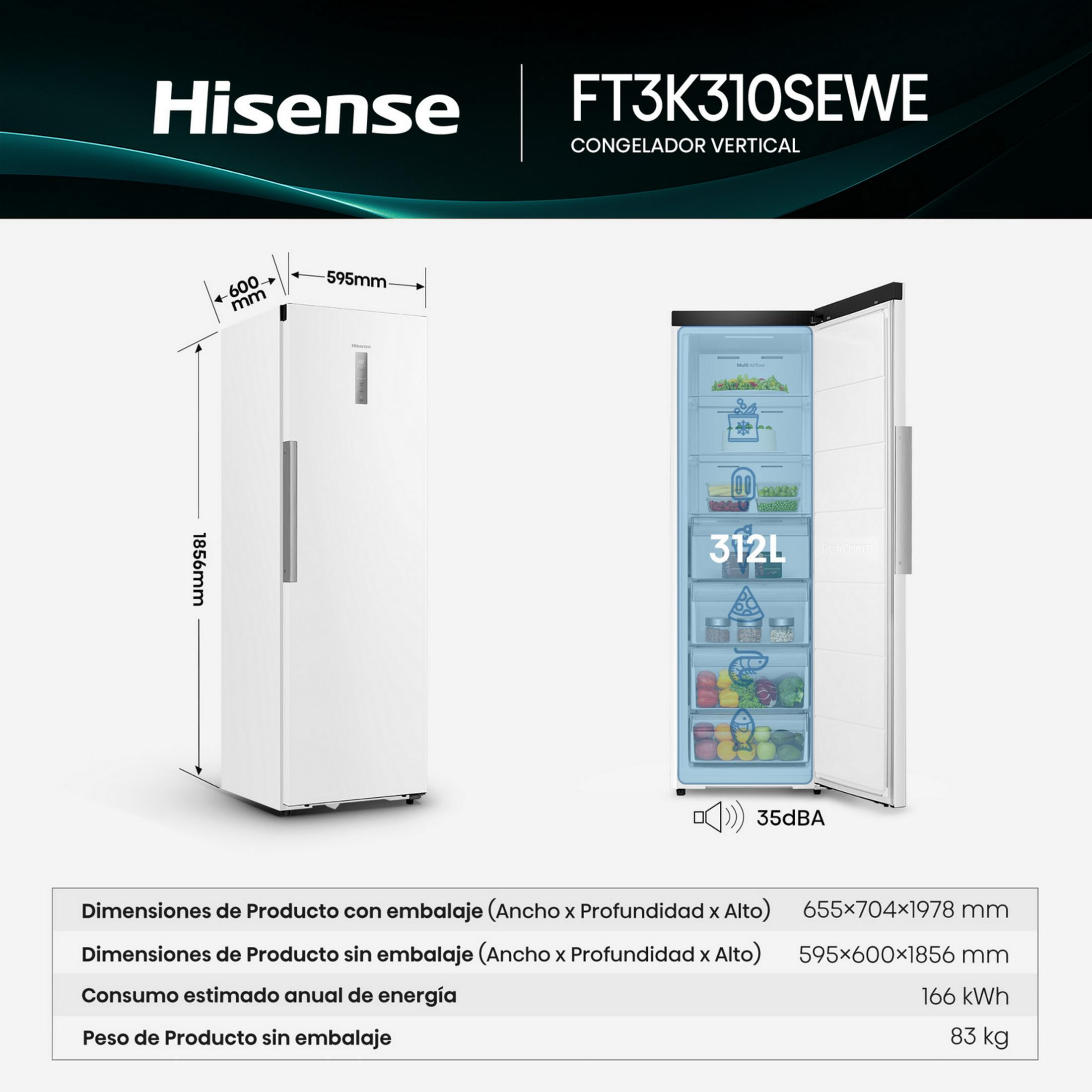 Un refrigerador Hisense blanco con la puerta abierta, mostrando medidas y especificaciones.