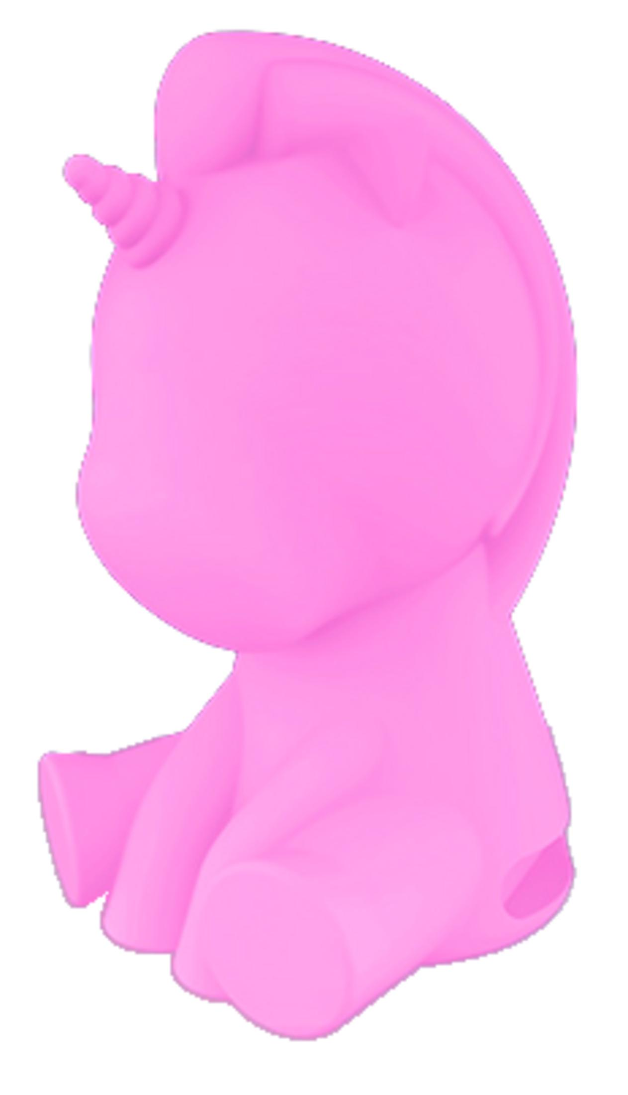 Eine rosa Einhornfigur sitzt. Sie hat ein Horn auf der Stirn.