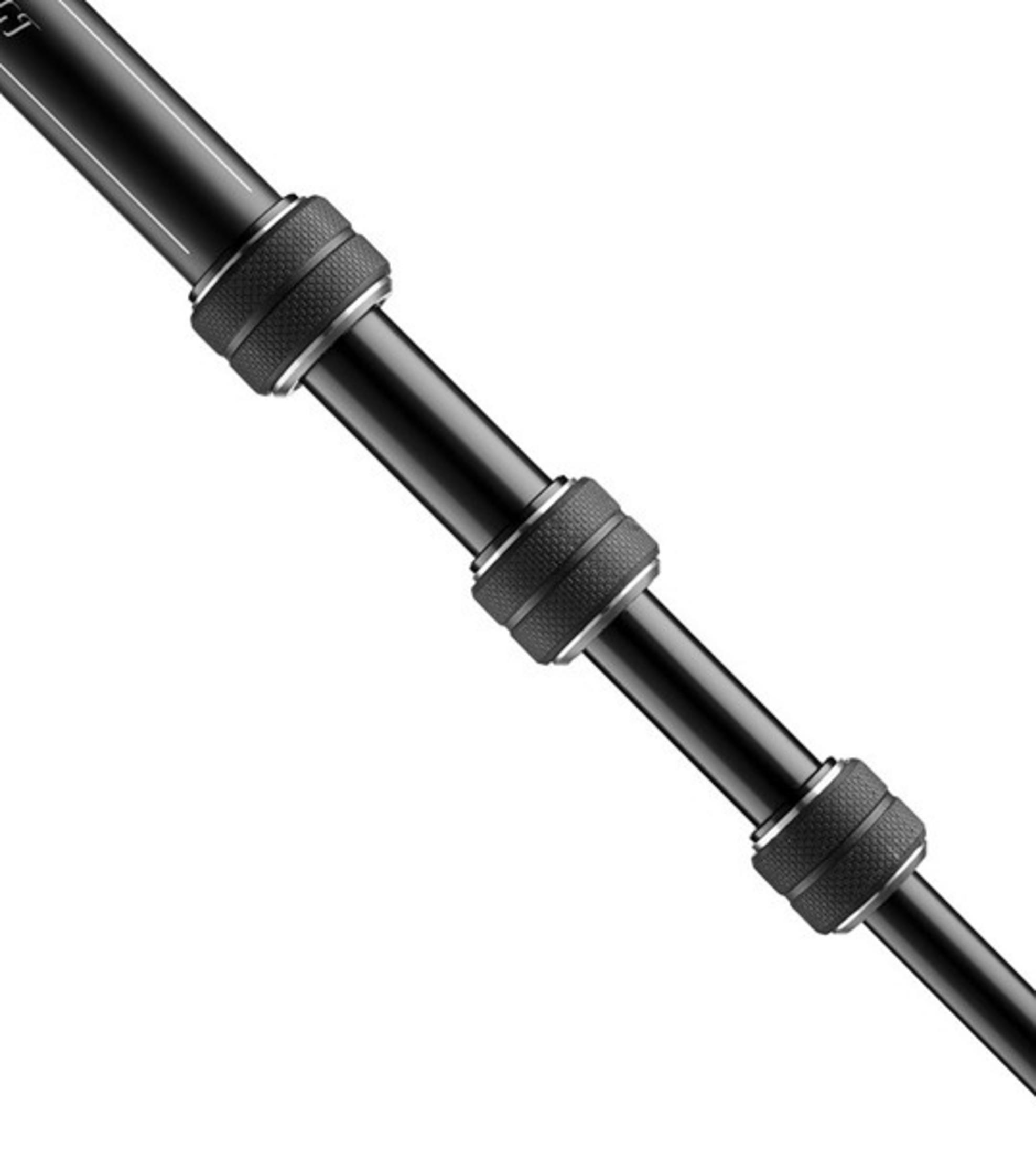 A black, segmented pole with knurled knobs on a white background.
