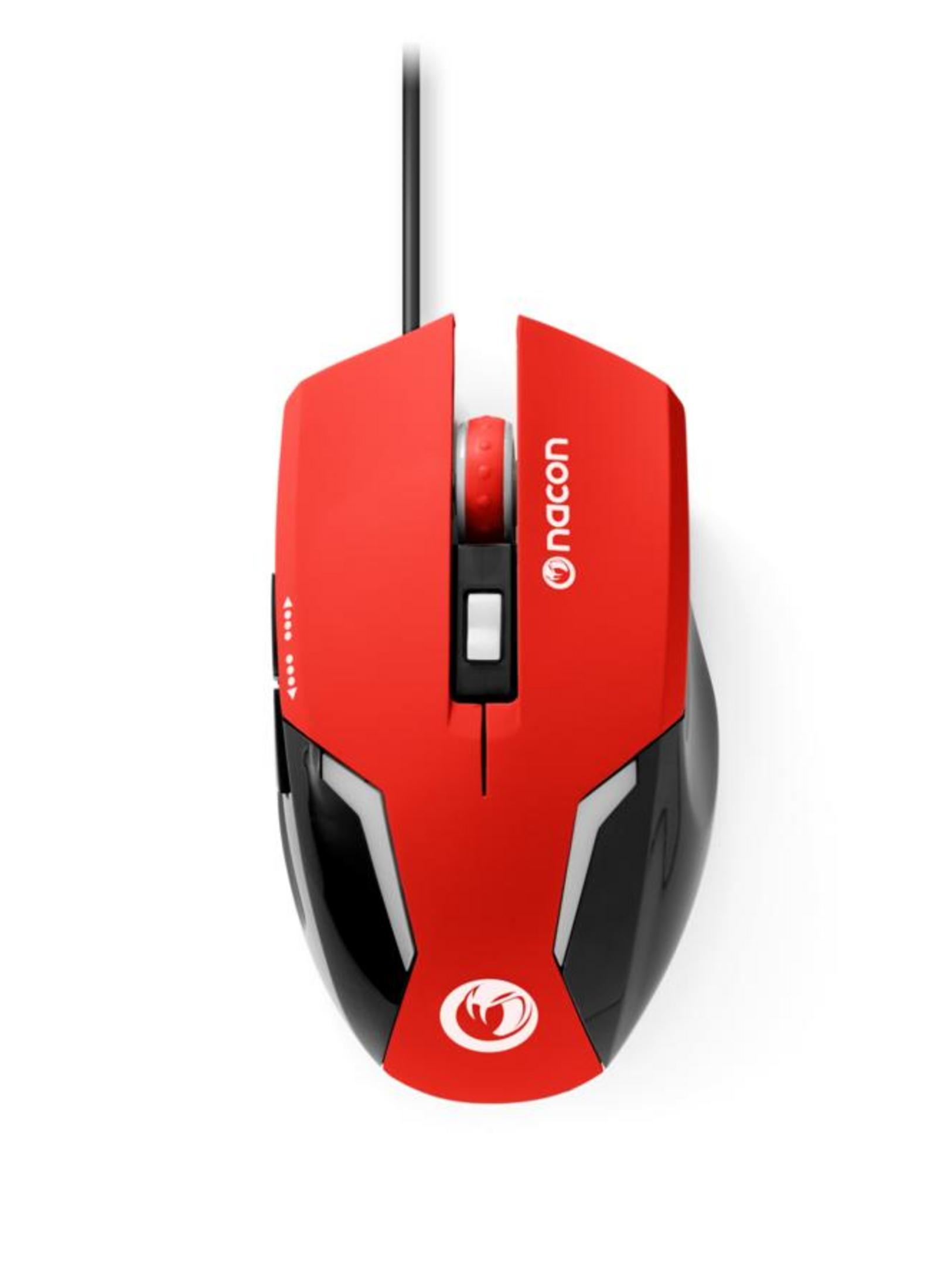Un mouse per computer rosso e nero con logo Nacon e rotellina.