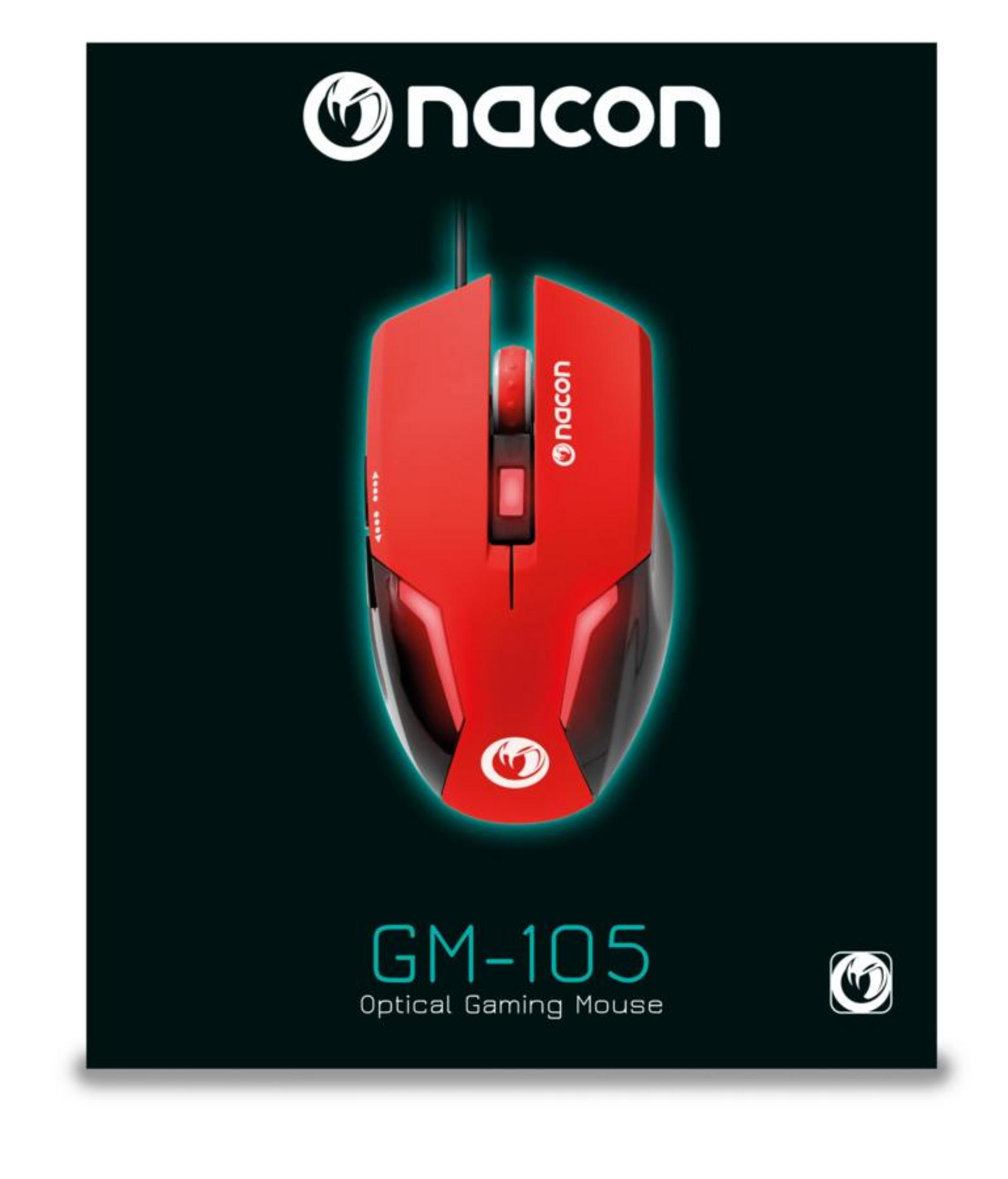 Mouse gaming rosso Nacon GM-105 con rotellina e logo.