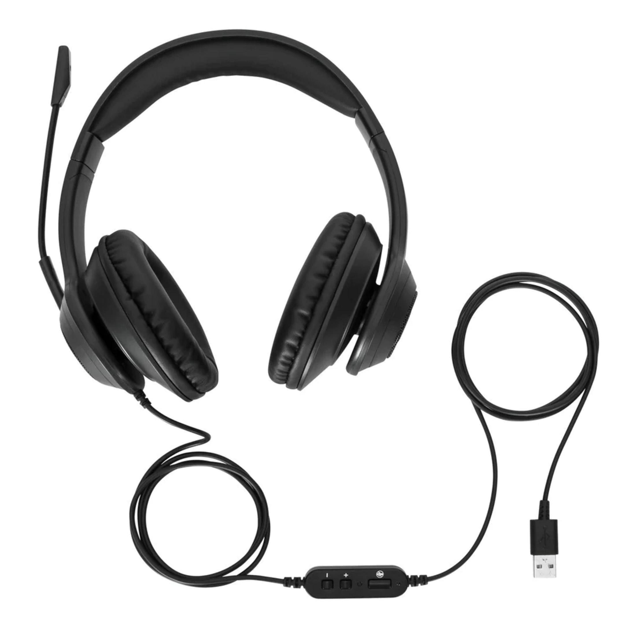 Black over-ear headphones with a microphone, cable, and USB connector on white.