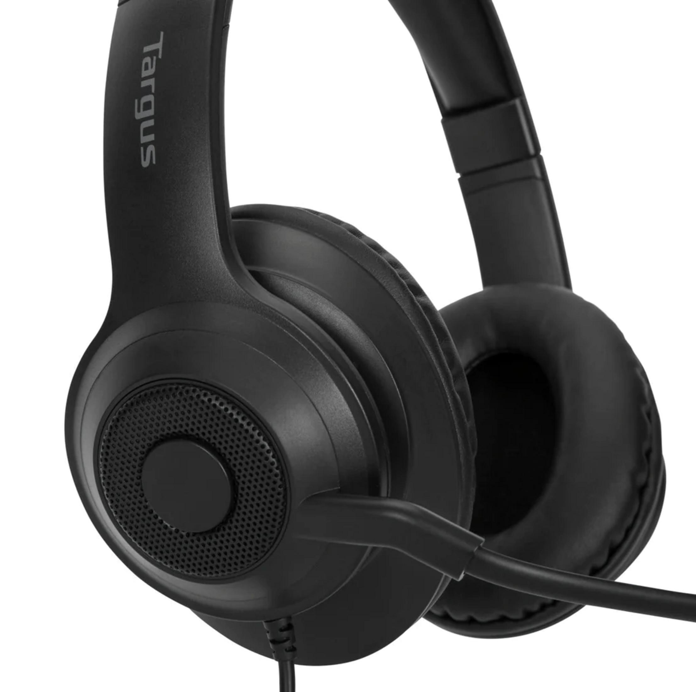 Black Targus headphones with a microphone, set against a white background.