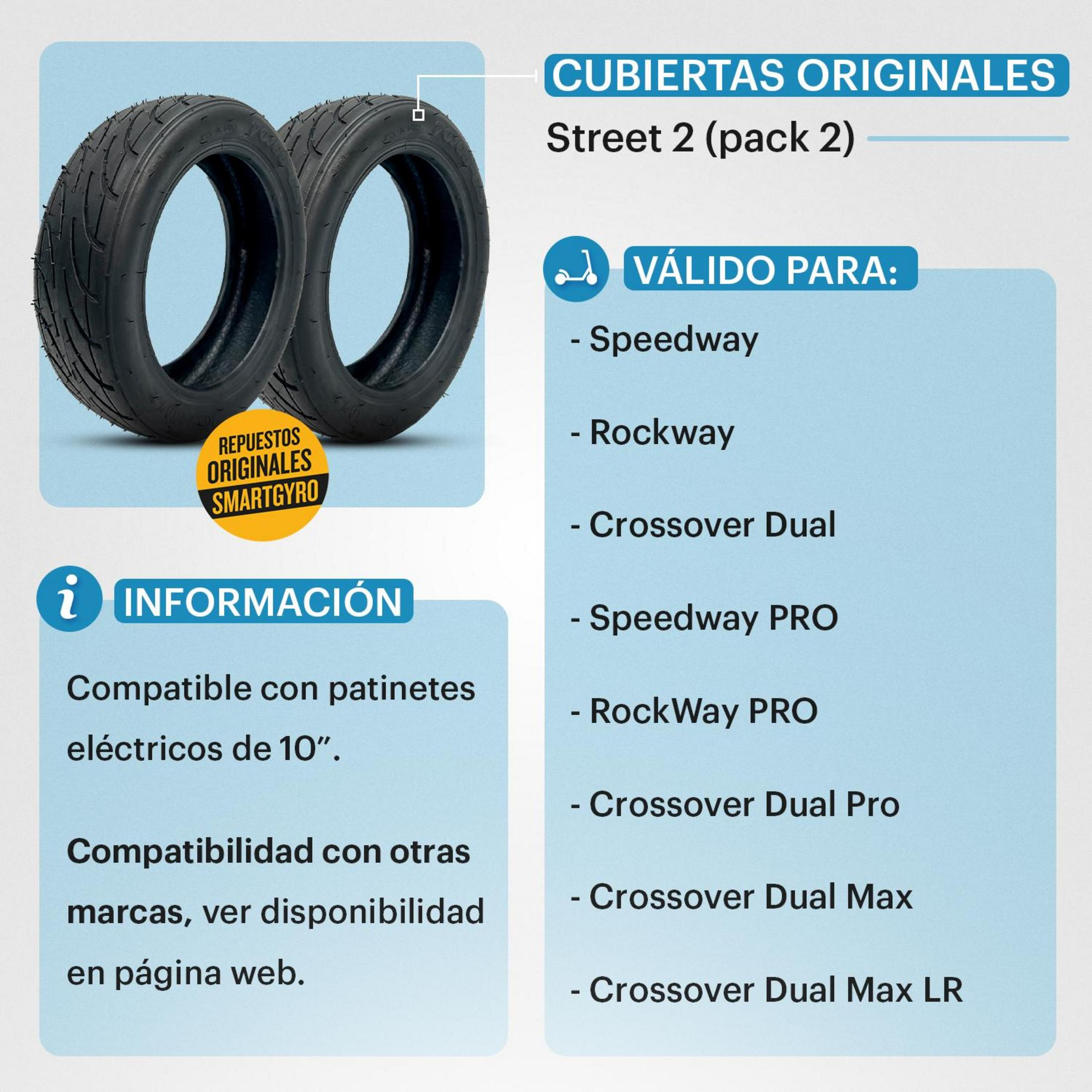 Dos neumáticos negros para patinetes eléctricos, compatibles.
