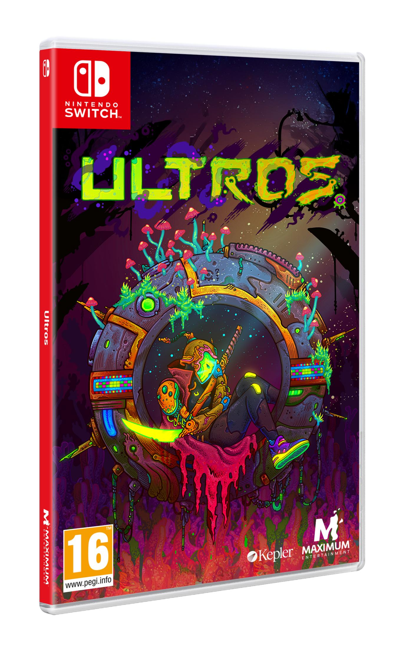 Copertina gioco Nintendo Switch con logo "ULTROS", personaggio e funghi.