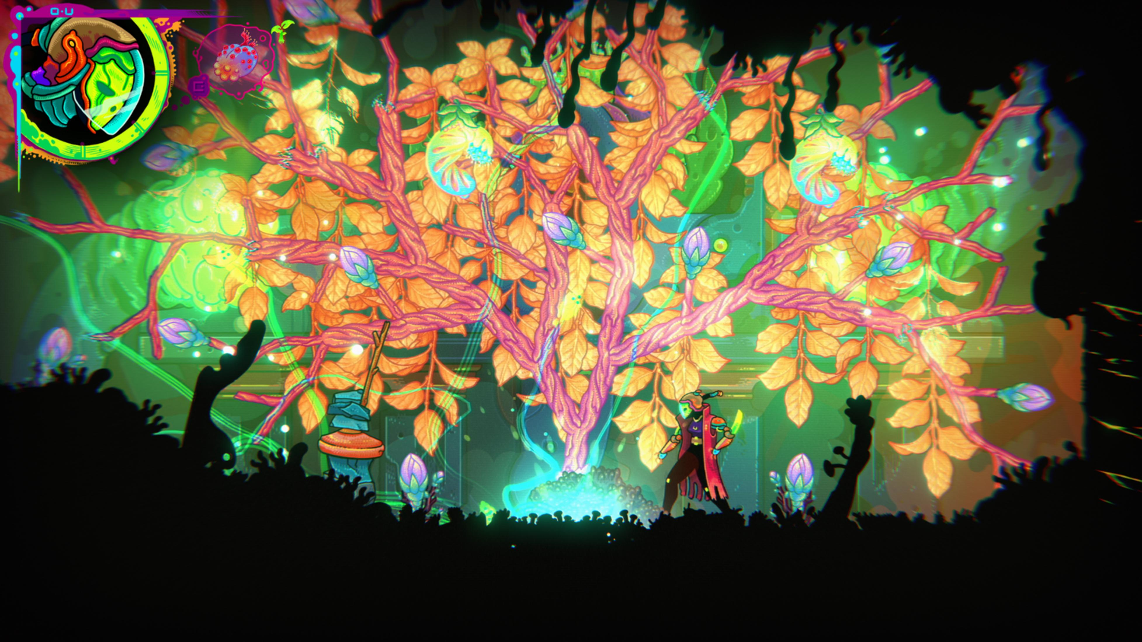 Una figura si trova sotto un albero con foglie arancioni e frutti luminosi.
