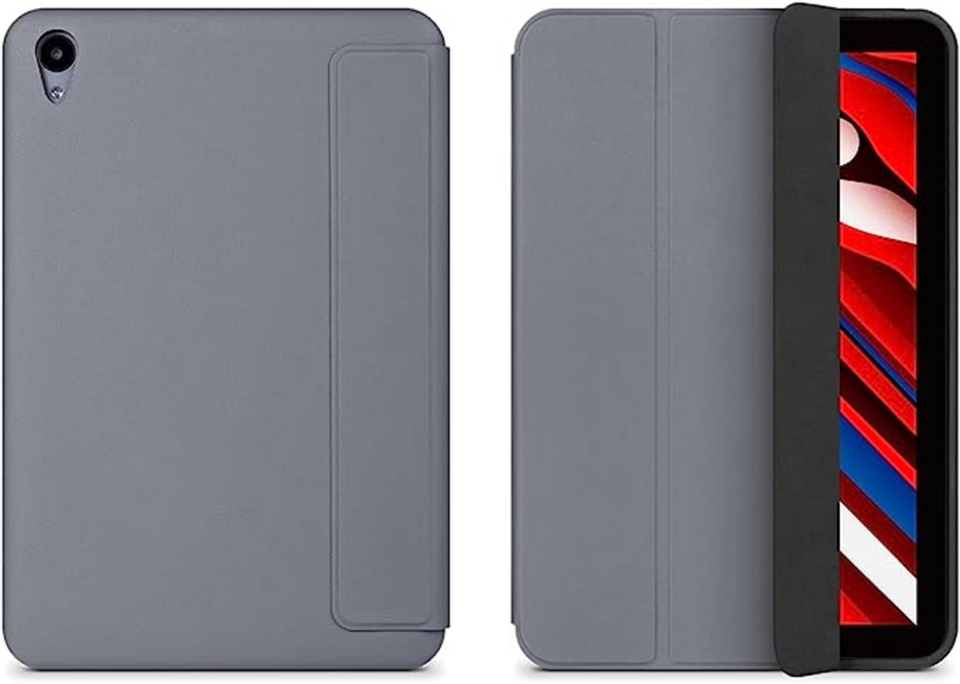 Tableta gris con funda. Izquierda muestra la parte trasera, derecha la frontal abierta.
