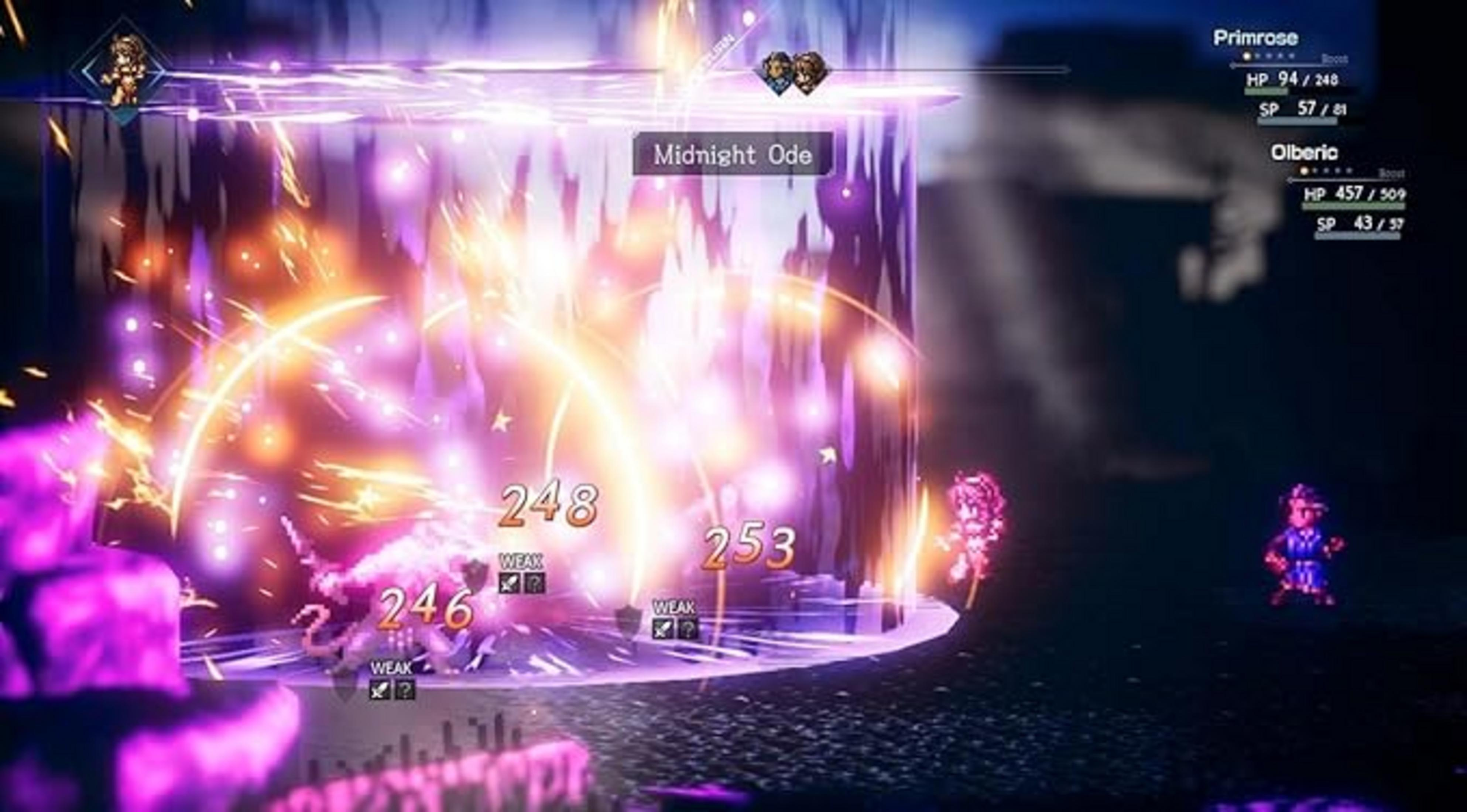 Scena di battaglia di un videogioco con effetti magici viola e arancioni e numeri.