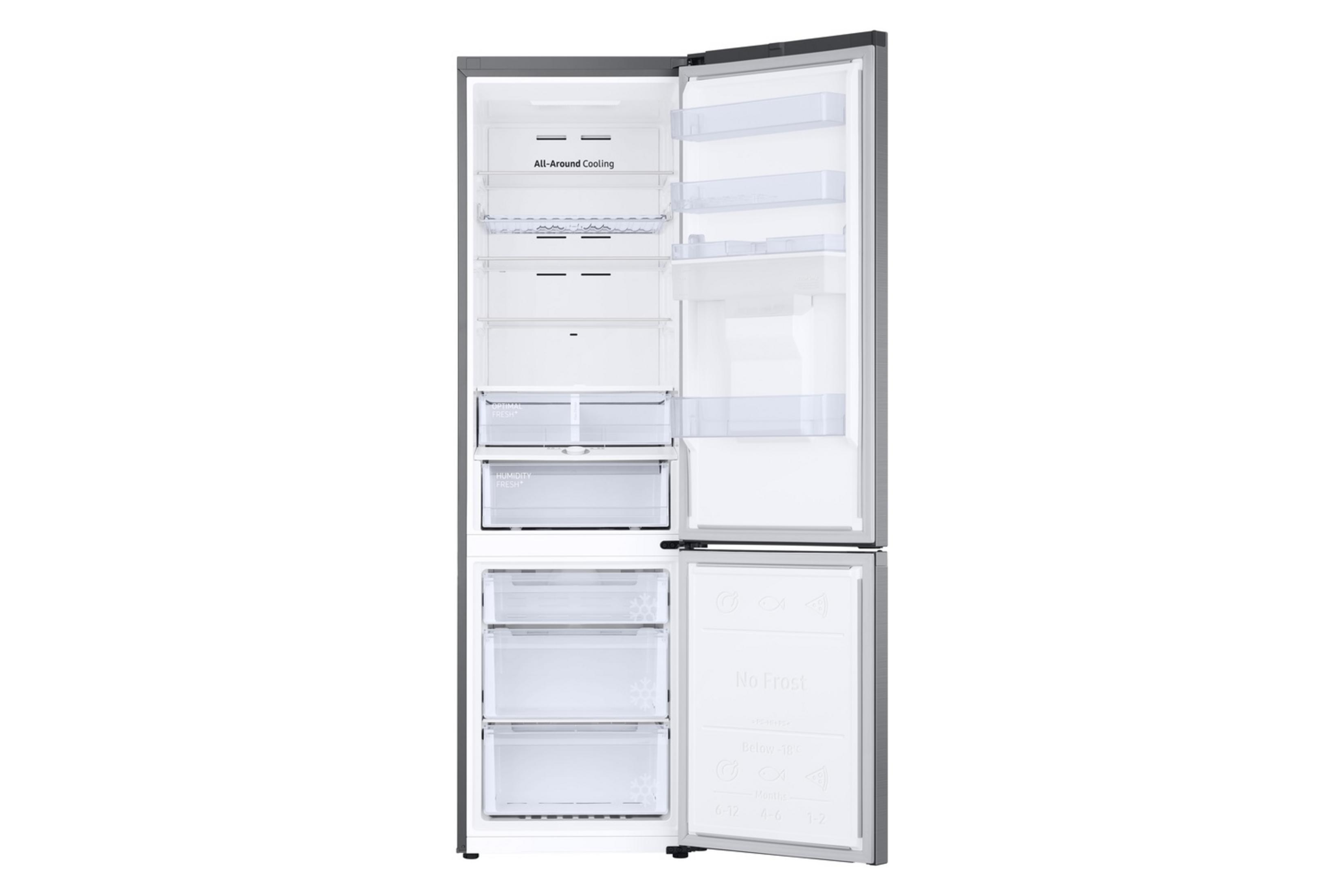 Un refrigerador abierto con múltiples estantes y cajones, color gris.
