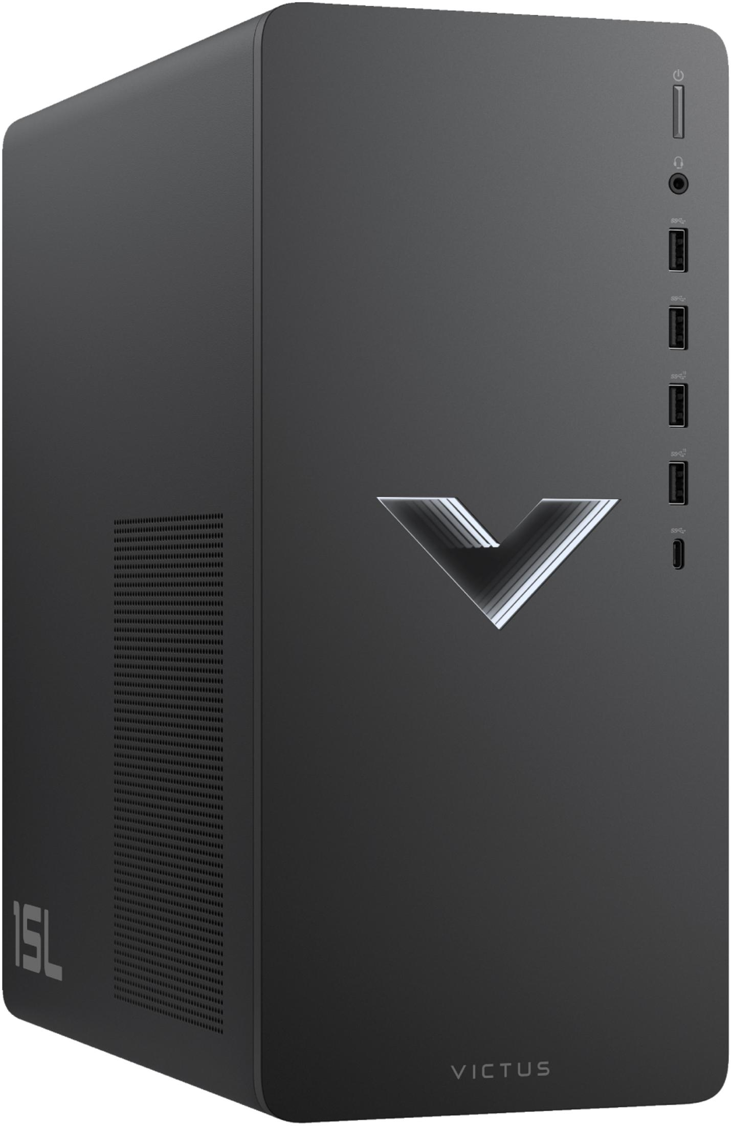 Torre de escritorio HP Victus negra con logo plateado en 'V' y puertos frontales.