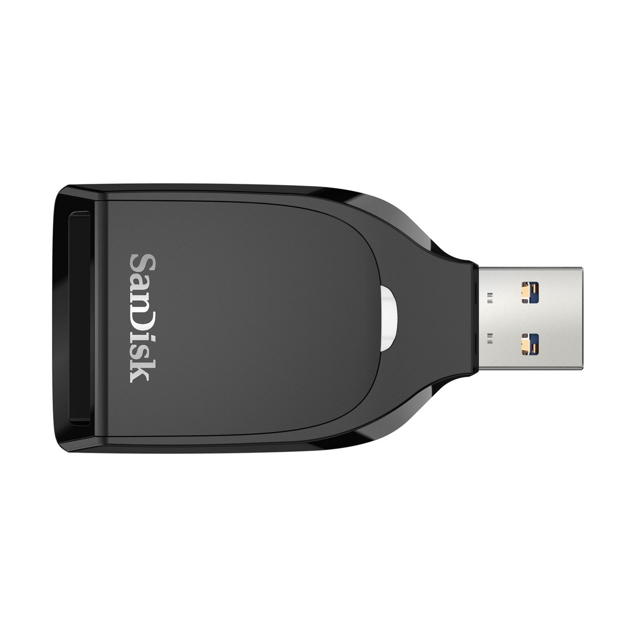 Unità USB SanDisk nera con connettore argentato su sfondo bianco.