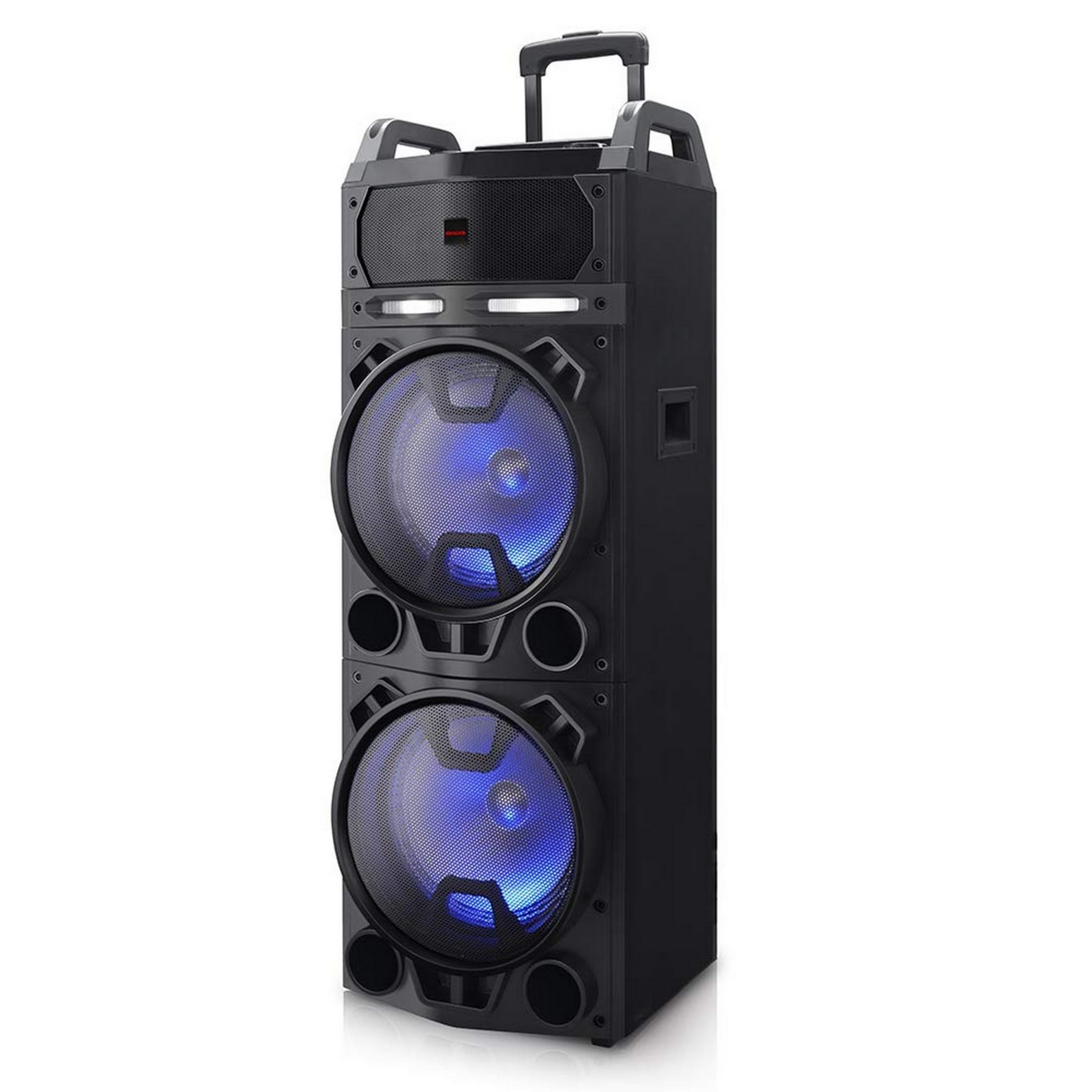 Altoparlante portatile nero con due driver illuminati di blu e maniglia retrattile.