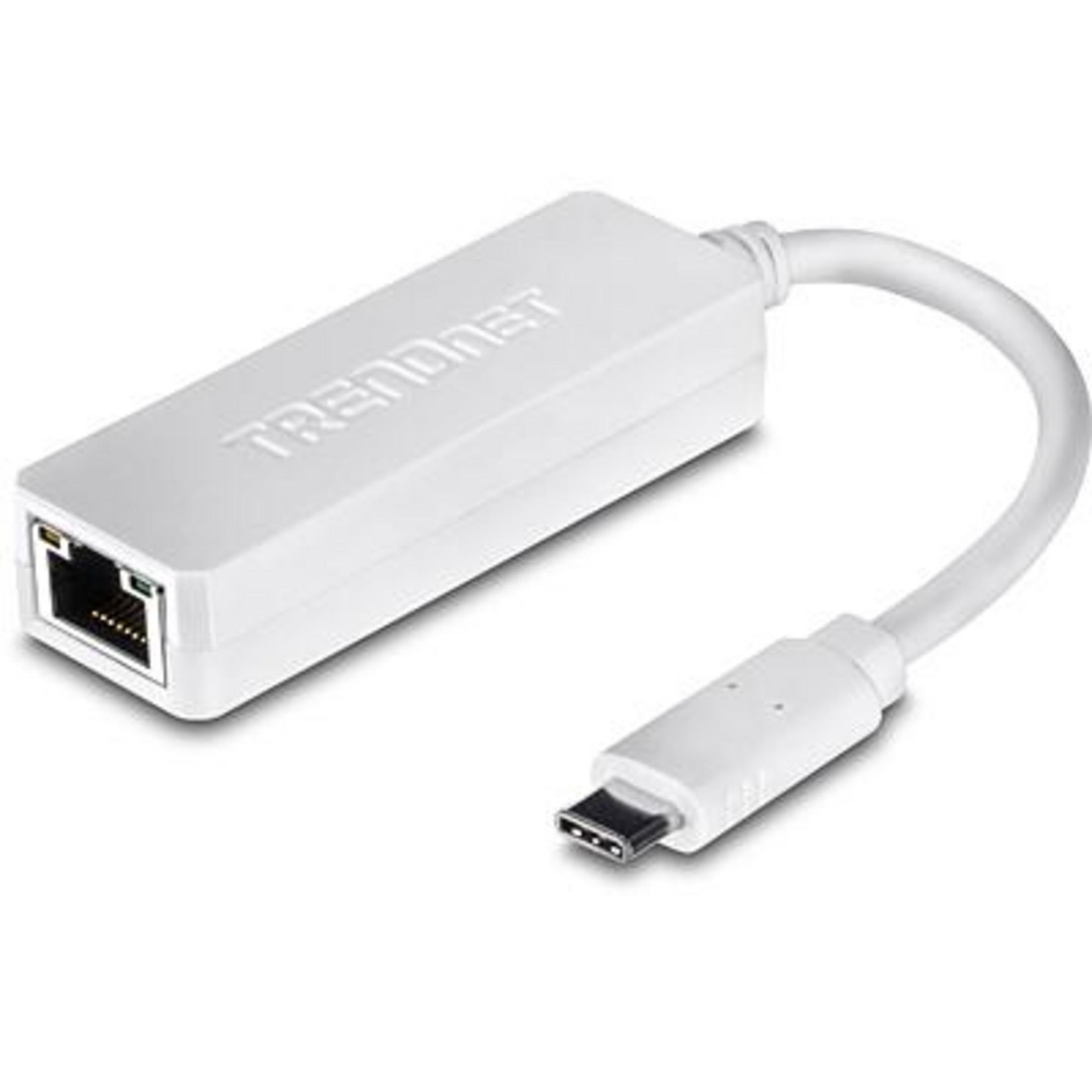 Weißer USB-C-zu-Ethernet-Adapter mit Trendnet-Logo.