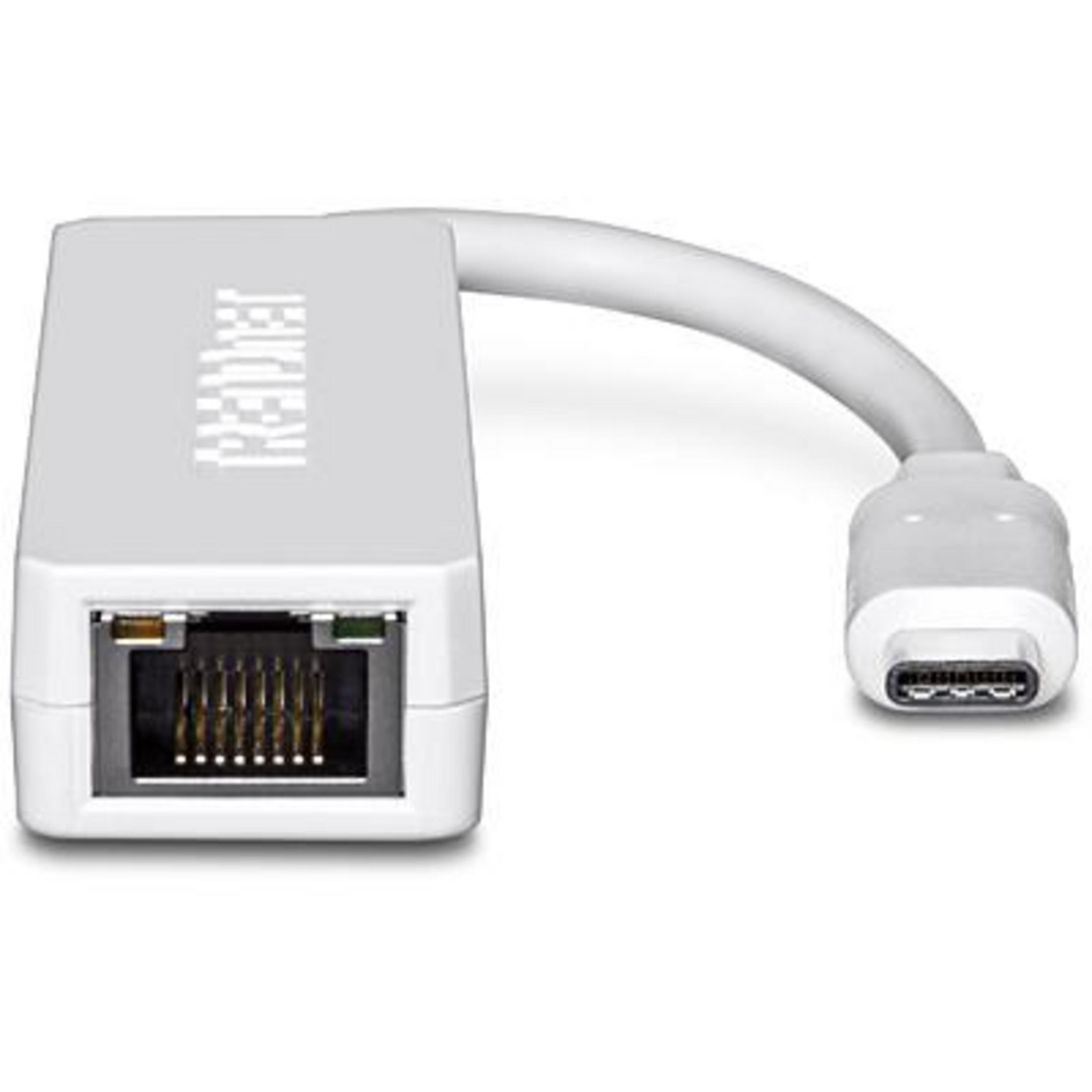 Ein weißer USB-C-zu-Ethernet-Adapter mit einem Ethernet-Anschluss und einem USB-C-Stecker.