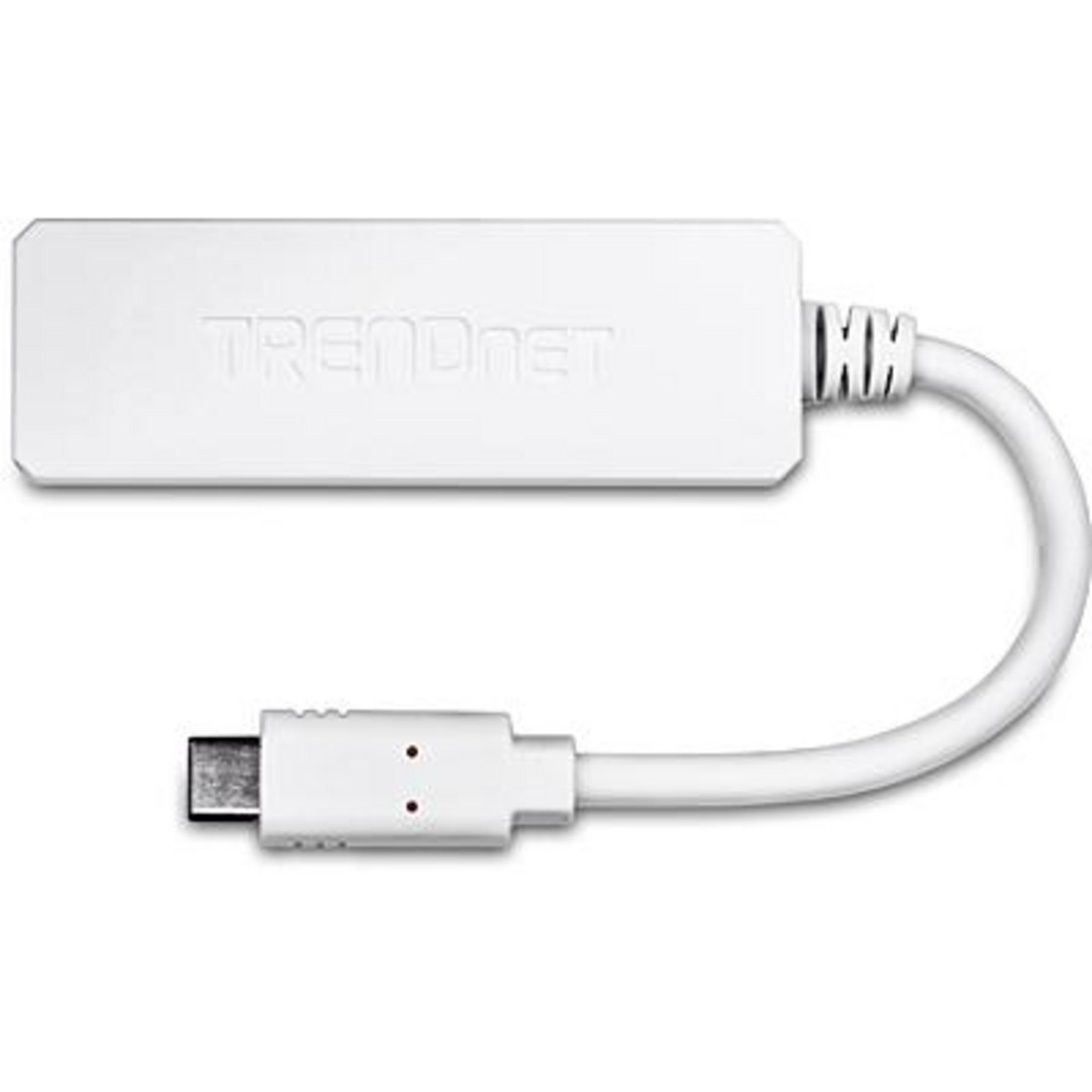 Ein weißer TRENDNET-Adapter mit USB-C-Anschluss und Kabel auf weißem Hintergrund.
